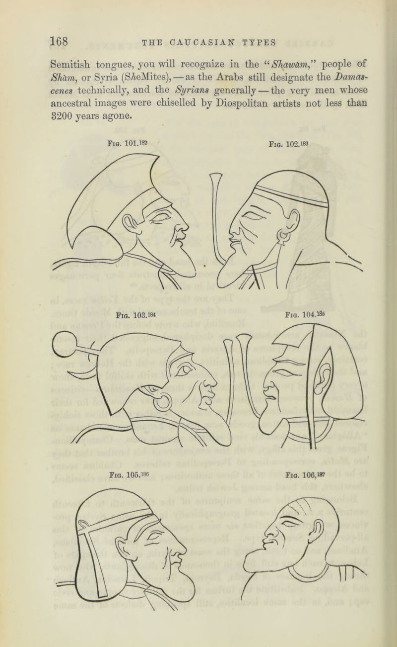 Semitish tongues, you will recognize in the “ Shawdm” people of Sham, or Syria (SAeMites), — as the Arabs still designate the Damas- cenes technically, and the Syrians generally — the very men whose ancestral images were chiselled by Diospolitan artists not less than 3200 years agone. Fia. 101.182 Fiq. 102.183