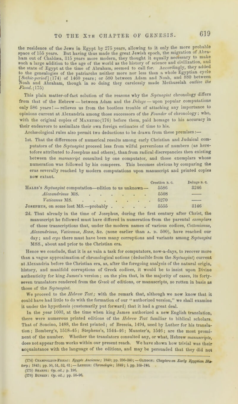 the residence of the Jews in Egypt by 275 years, allowing to it only' the more probable space of 155 years. But having thus made the great Jewish epoch, the migration of Abra- ham out of Chaldcea, 315 years more modern, they thought it equally necessary to make such a large addition to the age of the world as the history of science and civilization, and the state of Egypt at the time of Abraham, seemed to call for. Accordingly, they added to the genealogies of the patriarchs neither more nor less than a whole Egyptian cycle \_Sothic-period~\ (174) of 1460 years; or 580 between Adam and Noah, and 880 between Noah and Abraham, though in so doing they carelessly made Methuselah outlive the Flood. (175) This plain matter-of-fact solution of the reasons why the Septuagint chronology differs from that of the Hebrew — between Adam and the Deluge — upon popular computations only 586 years! — relieves us from the bootless trouble of attaching any importance to opinions current at Alexandria among those successors of the Founder of chronology; who, with the original copies of Manetho(176) before them, paid homage to his accuracy in their endeavors to assimilate their own foreign estimates of time to his. Archffiological rules also permit two deductions to be drawn from these premises:— 1st. That the differences of numerical results among early Christian and Judaical com- putators of the Septuagint proceed less from wilful perversions of numbers (as here- tofore attributed to Josephus and others), than from radical discrepancies then existing between the manuscript consulted by one computator, and those exemplars whose numeration was followed by his compeers. This becomes obvious by comparing the eras severally reached by modern computations upon manuscript and printed copies now extant. Creation b. c. Hales’s Septuagint computation—edition to us unknown— 5586 Alexandrinus MS. ...... 5508 Vaticanus MS. ....... 5270 Josephus, on some lost MS.—probably .... 5555 Deluge B. c. 3246 3146 2d. That already in the time of Josephus, during the first century after Christ, the manuscript he followed must have differed in numeration from the parental exemplars of those transcriptions that, under the modern names of various codices, Coltonianus, Alexandrinus, Vaticanus, Bezoe, &c. (none earlier than a. d. 500), have reached our day; and ergo there must have been many corruptions and variants among Septuagint MSS., about and prior to the Christian era. Hence we conclude, that it is as vain a task for computators, now-a-days, to recover more than a vague approximation of chronological notions (deducible from the Septuagint) current at Alexandria before the Christian era, as, after the foregoing analysis of the natural origin, history, and manifold corruptions of Greek codices, it would be to insist upon Divine authenticity for king James’s version; on the plea that, in the majority of cases, its forty- seven translators rendered from the Greek of editions, or manuscripts, so rotten in basis as those of the Septuagint. We proceed to the Hebrew Text; with the remark that, although we now know that it could have had little to do with the formation of our “ authorized version,” we shall examine it under the hypothesis (customarily put forward) that it had a great deal. In the year 1603, at the time when king James authorized a new English translation, there were numerous printed editions of the Hebrew Text familiar to biblical scholars. That of Soncino, 1488, the first printed; of Brescia, 1494, used by Luther for his transla- tion ; Bomberg’s, 1518-45; Stephens’s, 1544-46; Munster’s, 1546; are the most promi- nent of the number. Whether the translators consulted any, or what, Hebrew manuscripts, does not appear from works within our present reach. We have shown how trivial was their acquaintance with the language of the editions, and may be persuaded that they did not (174) Champoluon-Figeac : Egypte Ancienne; 1840; pp. 236-240; — Gliddox: Chapters on Early Egyptian His- tory; 1843; pp. 50, 51, 52, 61;— Lepsius: Chronologic; 1849; i. pp. 165-180. . (175) Sharpe: Op.cit.; p. 196. (176) Bunsen: Op.cit.; pp. 56-96.