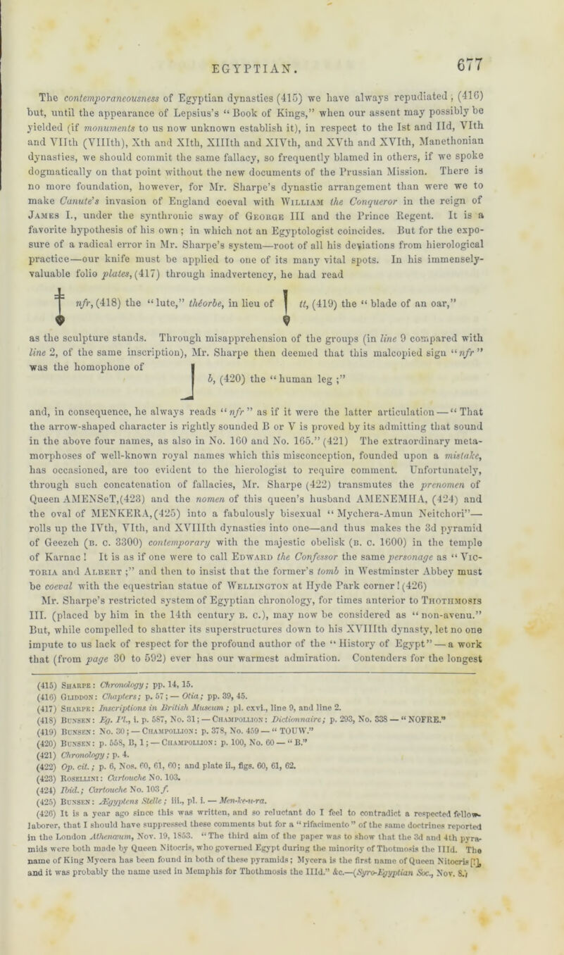 The contemporaneousness of Egyptian dynasties (415) we have always repudiated, (41G) but, until the appearance of Lepsius’s “ Book of Kings,” when our assent may possibly be yielded (if monuments to us now unknown establish it), in respect to the 1st and lid, Vlth and VIIth (VUIth), Xth and Xlth, XHIth and XlVtli, and XVth and XVIth, Manethonian dynasties, we should commit the same fallacy, so frequently blamed in othei’s, if we spoke dogmatically on that point without the new documents of the Pnissian Mission. There is no more foundation, however, for Mr. Sharpe’s dynastic arrangement than were we to make Canute's invasion of England coeval with William the Conqueror in the reign of James I., under the synthronic sway of George III and the Prince Regent. It is a favorite hypothesis of his own ; in which not an Egj'ptologist coincides. But for the expo- sure of a radical eiTor in Mr. Sharpe’s system—root of all his deviations from liierological practice—our knife must be applied to one of its many vital spots. In his immensely- valuable folio plates, (417) through inadvertency, he had read I nfr, (418) the “lute,” thiorbe, in lieu of | it, (419) the “ blade of an oar,” 9 as the sculpture stands. Through misapprehension of the groups (in line 9 compared with line 2, of the same inscription), Mr. Sharpe then deemed that this malcopied sign “ nfr ” was the homophone of b, (420) the “ human leg ;” and, in consequence, he always reads “nfr as if it wei'e the latter articulation — “That the aiTOW-shaped character is rightly sounded B or V is proved by its admitting that sound in the above four names, as also in No. 160 and No. 165.” (421) The extraordinary meta- morphoses of well-known royal names which this misconception, founded upon a mistake, has occasioned, are too evident to the hiei'ologist to require comment. Unfortunately, through such concatenation of fallacies, Mr. Sharpe (422) transmutes the prenomcn of Queen AMENSeT,(423) and the nomen of this queen’s husband AMENEMMA, (424) and the oval of MENKERA,(425) into a fabulously bisexual “ Mychera-Amun Neitchori”— rolls up the IVth, Vlth, and XVIIIth dynasties into one—and thus makes the 3d pyramid of Geezeh (b. c. 3300) contemporary with the majestic obelisk (b. c. 1600) in the temple of Karnac ! It is as if one were to call Edward the Confessor the same personage as “ Vic- toria and Albert ;” and then to insist that the former’s tomb in Westminster Abbey must be coeval with the equestrian statue of Wellington at Hyde Park corner!(426) Mr. Sharpe’s restricted system of Egyptian chronology, for times anterior to Thothmosis III. (placed by him in the 14th century b. c.), may now be considered as “ non-avenu.” But, while compelled to shatter its superstructures down to his XVIIIth dynasty, let no one impute to us lack of respect for the profound author of the “ Histoi’y of Egypt” — a work that (from page 30 to 592) ever has our warmest admiration. Contenders for the longest (415) Sharpe: Chronology; pp. 14,15. (416) Guddon: Chapters; p. 57;— Otia; pp. 39, 45. (417) Siiarpe: Inscriptions in British Museum ; pi. cxvi., line 9, and line 2. (418) Bunsen: Kg. PL, i. p. 587, No. 31; — Champoluon: Diclionnairc; p. 293, No. 33S — “NOFRE.” (419) Bunsen: No. 30; — Champoluon: p. 378, No. 459 — “ TOUW.” (420) Bunsen: p. 558, B, 1; — Champoluon: p. 100, No. 60 — “B.” (421) Chronology; p. 4. (422) Op. cit.; p. 6, Nos. 60, 61, 60; and plate ii., figs. 60, 61, 62. (423) Roselijni: Cartouche. No. 103. (424) Ibid.; Cartouche No. 103/. (425) Bunsen : yKgyplcns Stelle; iii., pi. i. — Men-le-n-ra. (426) It is a year ago since this was written, and so reluctant do I feel to contradict a respected fellow- laborer, that I should have suppressed these comments hut for a “ rifacimento ” of the same doctrinos reported in the London Athenaeum, Nov. 19, 1S53. “ The third aim of the paper was to show that the 3d and 4th pyra- mids were both made by Queen Nitocris, who governed Egypt during the minority of Thotmosis the T1 Id. Tbo name of King Mycera has been found in both of these pyramids; Mycera is the first name of Queen Nitocris [1], and it was probably the name used in Memphis for Thothmosis the Illd.-’ &c.—(Syro-Kgyptian Soc., Nov. S.)