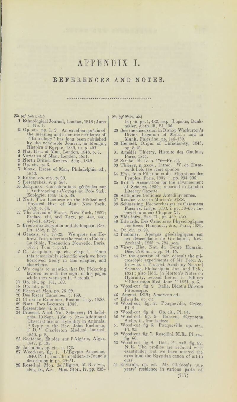 APPENDIX I REFERENCES AND NOTES. No. (of Notts, <fc.) 1 Ethnological Journal, London, 1848: June 1, No. I. 2 Op. cit., pp. 1, 2. An excellent precis of the meaning and scientific attributes of “Ethnology” has long been published by the venerable Jomard, in Mengin, Histoire d’Egypte, 1839, iii. p. 403. 3 Nat. Hist, of Man, London, 1848. p. 6. 4 Varieties of Man, London, 1851. 5 North British Review, Aug., 1849. 6 Op. cit., p. 6. 7. Knox, Races of Man, Philadelphia ed., 1850. 8 Burke, op. cit., p. 30. 9 Researches, v. p. 564. 10 Jacquinot, Considerations generales sur 1’Anthropologie (Voyage au Pole Sud), Zoologie, 1846, ii. p. 36. 11 Nott, Two Lectures on the Biblical and Physical Hist, of Man; New York, 1849, p. 64. 12 The Friend of Moses, New York, 1852; Preface viii, and Text, pp. 442, 446, 449-51, 492-7. (3 Briefe aus AEgypten und AEthiopien, Ber- lin, 1852, p. 35. '4 Genesis, vii., 19-23. We quote the He- brew Text; referringthe reader to Cnhcn, La Bible, Traduction Nouvelle, Paris, 1831 ; Tom. i. p. 21. 15 Cf. Jacquinot, op. cit., chap. i. From this remarkably scientific work we have borrowed freely in this chapter, and elsewhere. 16 We ought to mention that Dr. Pickering favored us with the sight of his pages while they were yet in “proofs.” 17 Op. cit., pp. 161, 163. 18 Op. cit., p. 41. 19 Races of Men, pp. 75-99. 20 Des Races Humaines, p. 169. 21 Christian Examiner, Boston, July, 1850. 22 Nott, Two Lectures, 1849. 23 Researches, ii. p. 105. 24 Proceed. Acad. Nat. Sciences; Philadel- phia, 10 Sept., 1850, p. 82—Additional Observations on Hybridity in Animals, “ Reply to the Rev. John Bachman, D. D.,” Charleston Medical Journal, 1850, p. 8. 25 Bodichon, £tudes sur l’Algerie, Alger, 1847, p. 135. 26 Jacquinot, op. cit., p. 173. 27 Wood-cut, fig. 1. L’Egvpte Ancienne, 1840, PI. I., and Champollion-le-Jeune’s description in pp. 29-31. 28 Rosellini, Mon. dell’Egitto, M. R. cl vii., clvi., lx., &c. Mon. Stor., iv. pp. 238- No. (of Notes, etc.) 44 ; iii. pp. 1, 433, seq. Lepsius, Denk* maler, Abth. iii, Bl. 136. 29 See the discussion in Bishop Warburton's Divine Legation of Moses; and in Munk, Palestine, pp. 146-150. 30 Hennell, Origin of Christianity, 1845, pp. 8-21. 31 Amedee Thierry, Histoire des Gaulois, Paris, 1844. 32 Strabo, lib. iv. p. 176—Fr. ed. 33 Thierry, p. xxxv., Introd. W. de Hum- boldt held the same opinion. 34 Hist, de la Filiation et des Migrations des Peuples, Paris, 1837; i. pp. 294-336. 35 British Association for the advancement of Science, 1850; reported in London Literary Gazette. 36 Antiquites Celtiques Antcdiluviennes. 37 Retzius, cited in Morton's MSS. 38 Schtnerling, Recherches sur les Ossemens Fossiles, Liege, 1833, i. pp. 59-66: re- ferred to in our Chapter XI. 39 Vide infra, Part II., pp. 469, 470. 40 Edwards, Des Caractcres Phvsiologiques des Races Humaines, &,c., Paris, 1839. 41 Op. cit., p. 22. 42 Paulmier, Apergus genealogiques sur les descendants de Guillaume, Rev. Archcol., 1845, p. 794, seq. 43 Virey, Hist. Nat. du Genre Humain, Disc. Prelim., i. pp. 14, 15. 44 On the question of hair, consult the mi- croscopic experiments of Mr. Peter A. Browne, in Proceed. Academy Natural Sciences, Philadelphia, Jan. and Feb., 1851; also Ibid., in Morton’s Notes on Hybridity, second letter to Editors “ Charleston Med. Jour.,” 1851, p. 6. 45 Wood-cut, fig. 2. Italie, Didot’s Univers Pittoresque. 46. August, 1849; American ed. 47 Edwards, op. cit. 48 Wood-cut, fig. 3. Pouqueville, Grecc, PI. 9. 49 Wood-cut, fig. 4. Op. cit., PI. 84. 50 Wood-cut, fig. 5. Bunsen, AEgyptens Stelle, ii., frontispiece. 51 Wood-cut, fig. 6. Pouqueville, op. cit , PI. 85. 52 Wood-cut, fig. 7. Rosellini, M.R., PI. xx., fig. 66. 53 Wood-cut. fig. 8. Tbid., PI. xxii, fig. 82. N.B. The profiles are reduced with exactitude; but we have altered the eyes from the Egyptian canon of art to ours. 54 Edwards, op. cit. Mr. Gliddon’s tw> years’ residence in various parts of