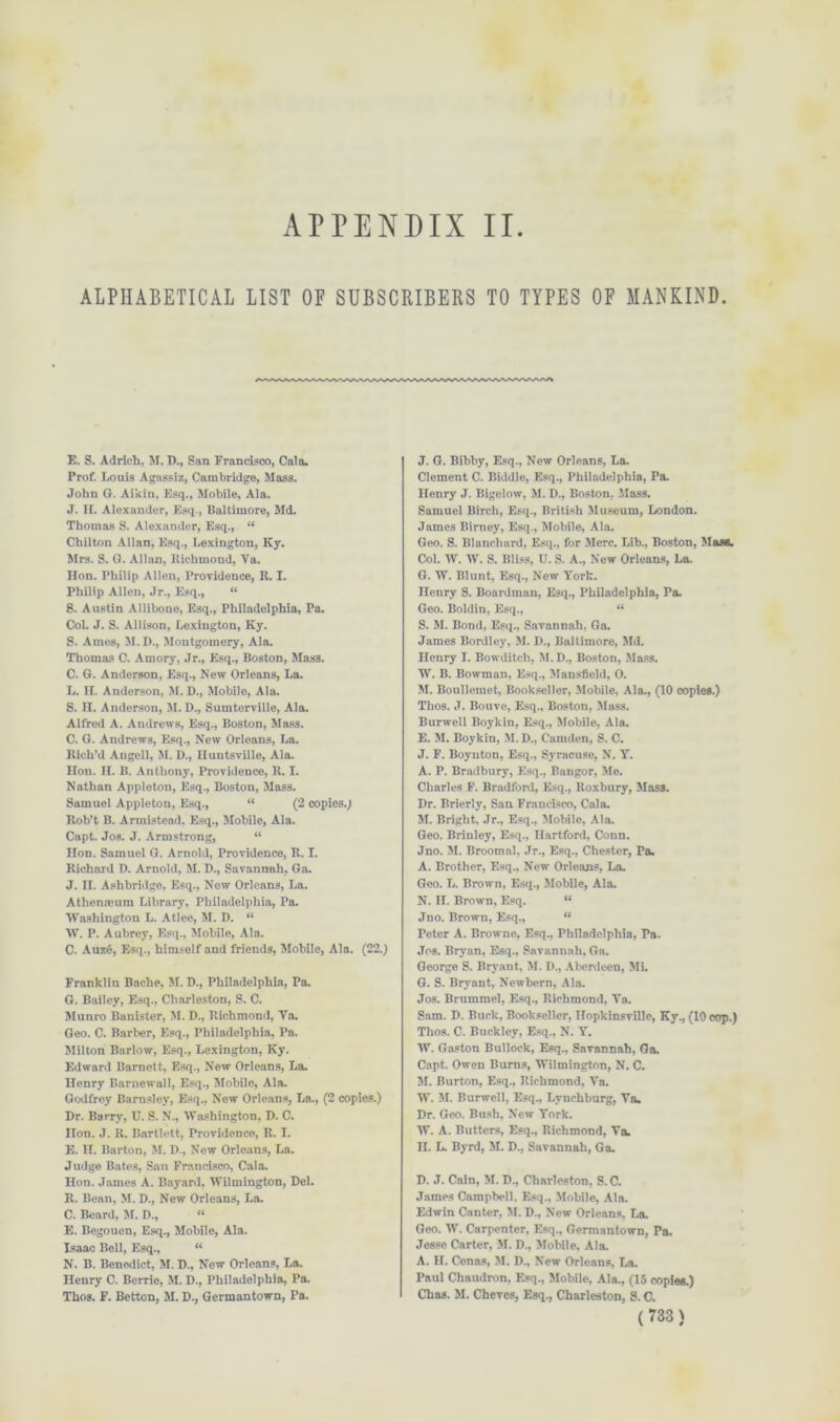 APPENDIX II ALPHABETICAL LIST 01 SUBSCRIBERS TO TYPES OF MANKIND. E. S. Adrich, M. D., San Francisco, Cala. Prof. Louis Agassiz, Cambridge, Mass. John 6. Aikin, Esq., Mobile, Ala. J. H. Alexander, Esq., Baltimore, Md. Thomas S. Alexander, Esq., “ Chilton Allan, Esq., Lexington, Ky. Mrs. S. 0. Allan, Richmond, Va. Ron. Philip Allen, Providence, R. I. Philip Allen, Jr., Esq., “ 8. Austin Allibone, Esq., Philadelphia, Pa. Col. J. S. Allison, Lexington, Ky. S. Ames, M. D., Montgomery, Ala. Thomas C. Amory, Jr., Esq., Boston, Mass. C. 6. Anderson, Esq., New Orleans, La. L. R. Anderson, M. D., Mobile, Ala. S. R. Anderson, M. D., Sumtorville, Ala. Alfred A. Andrews, Esq., Boston, Mass. C. G. Andrews, Esq., New Orleans, La. Rich’d Angell, M. D., Huntsville, Ala. Hon. H. B. Anthony, Providence, R. I. Nathan Appleton, Esq., Boston, Mass. Samuel Appleton, Esq., “ (2 copies.; Rob’t B. Armistead, Esq., Mobile, Ala. Capt. Jos. J. Armstrong, “ Hon. Samuel G. Arnold, Providence, R. I. Richard D. Arnold, M. D., Savannah, Ga. J. II. Ashbridge, Esq., New Orleans, La. Athenaeum Library, Philadelphia, Pa. Washington L. Atlee, M. I). “ W. P. Aubrey, Esq., Mobile, Ala. C. Auz6, Esq., himself and friends, Mobile, Ala. (22.) Franklin Baclie, SI. D., Philadelphia, Pa. G. Bailey, Esq., Charleston, S. C. Munro Banister, M. D., Richmond, Va. Geo. C. Barber, Esq., Philadelphia, Pa. Milton Barlow, Esq., Lexington, Ky. Edward Barnett, Esq., New Orleans, La. Henry Barnewall, Esq., Mobile, Ala. Godfrey Barnsley, Esq., New Orleans, La., (2 copies.) Dr. Barry, U. S. N., Washington, D. C. Ron. ,T. It. Bartlett, Providence, R. I. E. II. Barton, M. D., New Orleans, La. Judge Bates, San Francisco, Cala. Hon. James A. Bayard, Wilmington, Del. R. Bean, M. D., New Orleans, La. C. Beard, M. D., “ E. Begouen, Esq., Mobile, Ala. Isaac Bell, Esq., “ N. B. Benedict, M. D., New Orleans, La. Henry C. Berrie, M. D., Philadelphia, Pa. Thos. F. Betton, M. D., Germantown, Pa. J. G. Bibby, Esq., New Orleans, La. Clement C. Biddle, Esq., Philadelphia, Pa. Henry J. Bigelow, M. D., Boston. Mass. Samuel Birch, Esq., British Museum, London. James Birney, Esq., Mobile, Ala. Geo. S. Blanchard, Esq., for Merc. Lib., Boston, Maas. Col. W. W. S. Bliss, U. S. A., New Orleans, La. G. W. Blunt, Esq., New York. Henry S. Boardman, Esq., Philadelphia, Pa. Geo. Boldin, Esq., “ S. M. Bond, Esq., Savannah. Ga. James Bordley, M. D., Baltimore, Md. Henry I. Bowditch, M.D., Boston, Mass. W. B. Bowman, Esq., Mansfield, O. M. Boullemet, Bookseller, Mobile, Ala., (10 copies.) Thos. J. Bouve, Esq., Boston, Mass. Burwell Boykin, Esq., Mobile, Ala. E. 51. Boykin, M.D., Camden, S. C. J. F. Boynton, Esq., Syracuse, N. Y. A. P. Bradbury, Esq., Bangor, 5Ie. Charles F. Bradford, Esq., Roxbury, Mass. Dr. Brierly, San Francisco, Cala. M. Bright, Jr., Esq., 5Iobile, Ala. Geo. Brinley, Esq., Hartford, Conn. Jno. 51. Broomal, Jr., Esq., Chester, Pa. A. Brother, Esq., New Orleans, La. Geo. L. Brown, Esq., Mobile, Ala. N. II. Brown, Esq. “ Jno. Brown, Esq,, “ Peter A. Browne, Esq., Philadelphia, Fa. Jos. Bryan, Esq., Savannah, Ga. George S. Bryant, M. D., Aberdeen, Mi. G. S. Bryant, Newbern, Ala. Jos. Brummel, Esq., Richmond, Ya. Sam. D. Buck, Bookseller, Hopkinsville, Ky., (10 cop.) Thos. C. Buckley, Esq., N. Y. W. Gaston Bullock, Esq., Savannah, Ga. Capt. Owen Burns, Wilmington, N. C. M. Burton, Esq., Richmond, Va. W. M. Burwell, Esq., Lynchburg, Ya. Dr. Geo. Bush, New York. W. A. Butters, Esq., Richmond, Ya. II. L. Byrd, M. D., Savannah, Ga. D. J. Cain, M. D., Charleston, S. C. James Campbell, Esq., Mobile, Ala. Edwin Canter, M. D., New Orleans, La. Geo. W. Carpenter, Esq., Germantown, Pa. Jesse Carter, M. D., 5Iobile, Ala. A. II. Cenas, M. D., New Orleans, La. Paul Chaudron, Esq., Mobile, Ala., (15 copies.) Chas. M. Cheves, Esq., Charleston, S. C.