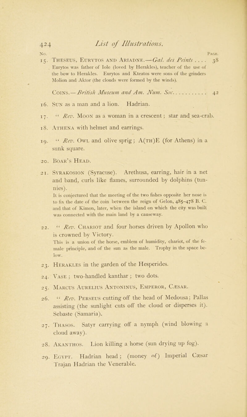 No. Page. 15. 1'heseus, Eurytos and Ariadne.—Gal. des Feints .... 38 Eurytos was father of lole (loved by Herakles), teacher of the u.se of tlie bow to Herakles. Eurytos and Kteatos were sons of the grinders Molion and Aktor (the clouds were formed by the winds). Coins. — British Afuseiun and Am. Niim. Soc 42 16. Sun as a man and a lion. Hadrian. 17. ‘‘ Rev. Moon as a woman in a crescent; star and sea-crab. 18. Athena with helmet and earrings. 19. ‘‘ Rev. Owl and olive sprig; A(th)E (for Athens) in a sunk square. 20. Boar’s Head. 21. SvRAKOSiON (Syracuse). Arethusa, earring, hair in a net and band, curls like flames, surrounded by dolphins (tun- nies). It is conjectured that the meeting of the two fishes opposite her nose is to fix the date of the coin between the reign of Gelon, 485-478 B. C. and that of Kimon, later, when the island on which the city was built was connected with the main land by a causeway. 2 2. “ Rev. Chariot and four horses driven by Apollon who is crowned by Victory. 'hhis is a union of the horse, emblem of humidity, chariot, of the fe- male principle, and of the sun as the male. Trophy in the space be- low. 23. Herakles in the garden of the Hesperides. 24. Vase ; two-handled kanthar ; two dots. « 25. IMarcus Aurelius Antoninus, Emperor, Ca:sar. 26. Rev. Perseus cutting off the head of Medousa; Pallas assisting (the sunlight cuts off the cloud or disperses it). Sebaste (Samaria). 27. '1’hasos. Satyr carrying off a nymph (wind blowing a cloud away). 28. Akanthos. Lion killing a horse (sun drying up fog). 29. Egypt. Hadrian head; (money rif) Imperial Caesar 'Trajan Hadrian the Venerable.