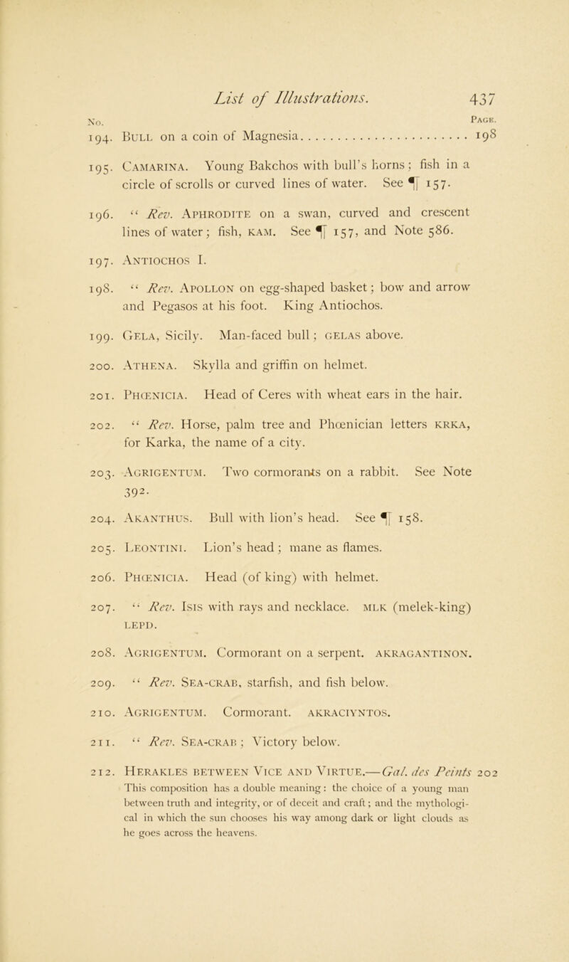 No. 194. 195- 196. 197. 198. 199. 200. 201. 202. 203. 204. 205. 206. 207. 208. 209. 2 10. 2 I I. 2 12. List of Illustrations. 437 Pack. Bull on a coin of Magnesia 198 Camarina. Young Bakchos with bull’s horns; fish in a circle of scrolls or curved lines of water. See 157. Rev. Aphrodite on a swan, curved and crescent lines of water; fish, kam. See ^ 157, and Note 586. Antiochos I. Rev. Apollon on egg-shaped basket; bow and arrow and Pegasos at his foot. King Antiochos. Gela, Sicily. Man-faced bull; gelas above. Athena. Skylla and griffin on helmet. Phcenicia. Head of Ceres with wheat ears in the hair. ‘‘ Rev. Horse, palm tree and Phoenician letters krka, for Karka, the name of a city. Agrigentum. Two cormorants on a rabbit. See Note 392- Aranthus. Bull with lion’s head. See 158. Leontini. Lion’s head; mane as flames. Phcenicia. Head (of king) with helmet. “ Rev. Isis with rays and necklace, mlk (melek-king) LEPD. Agrigentum. Cormorant on a serpent, akragantinon. “ Rev. Sea-crab, starfish, and fish below. Agrigentum. Cormorant, akraciyntos. “ Rev. Sea-crab; Victory below. Herakles between Vice and Virtue.— Gal. des Feints 202 This composition has a double meaning: the choice of a young man between truth and integrity, or of deceit and craft; and the mythologi- cal in which the sun chooses his way among dark or light clouds as he goes across the heavens.