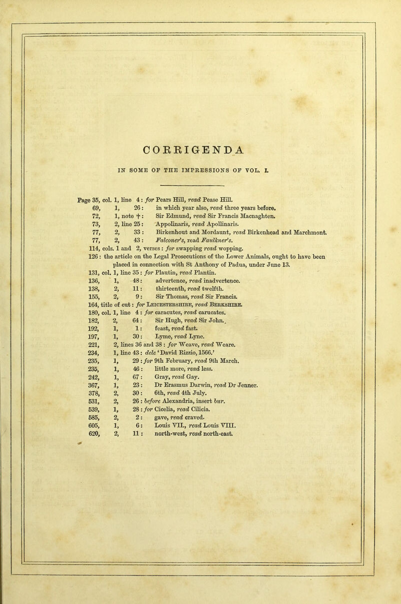 CORRIGENDA IN SOME OF THE IMPRESSIONS OF VOL. I. Page 35, col. 1, line 4 for Pears Hill, read Pease Hill. 69, 1, 26 in which year also, read three years before. 72, 1, note + Sir Edmund, read Sir Francis Macnaghten. 73, 2, line 25 Appolinaris, read Apollinaris. 77, 2, 33 Birkenhout and Mordaunt, read Birkenhead and Marchmont. 77, 2, 43 Falconer’s, read Faulkner’s. 114, cols. 1 and 2, verses : for swapping read wopping. 126 : the article on the Legal Prosecutions of the Lower Animals, ought to have been placed in connection with St Anthony of Padua, under June 13. 131, col. 1, line 35 for Plautin, read Plantin. 136, 1, 48 advertence, read inadvertence. 138, 2, 11 thirteenth, read twelfth. 155, 2, 9 Sir Thomas, read Sir Francis. 164, title of cut: for Leicestershire, read Berkshire. 180, col. 1, line 4 for caracutes, read carucates. 182, 2, 64 Sir Hugh, read Sir John., 192, 1, 1 feast, read fast. 197, 1, 30 Lyme, read Lyne. 221, 2, lines 36 and 38 : for Weave, read Weare. 234, 1, line 43 dele ‘ David Kizzio, 1566.’ 235, 1, 29 for 9th February, read 9th March. 235, 1, 46 little more, read less. 242, 1, 67 Gray, read Gay. 367, 1, 23 Dr Erasmus Darwin, read Dr Jenner. 378, 2, 30 6th, read 4th July. 531, 2, 26 before Alexandria, insert bur. 539, 1, 28 for Cicelia, read Cilicia. 685, 2, 2 gave, read craved. 605, 1, 6 Louis YIL, read Louis VHI. 620, 2, 11 north-west, read north-east. * •