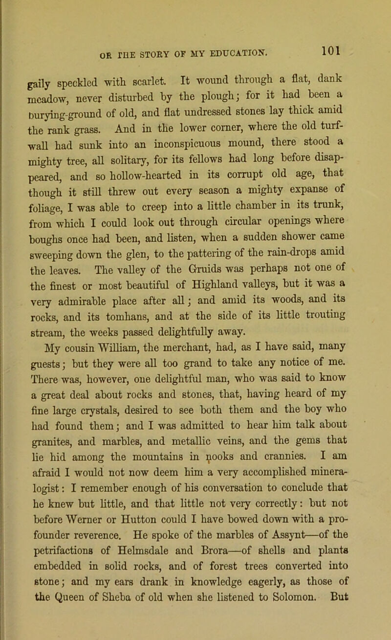 gaily speckled with scarlet. It wound through a flat, dank meadow, never disturbed by the plough; for it had been a burying-ground of old, and flat undressed stones lay thick amid the rank grass. And in the lower corner, where the old turf- wall had sunk into an inconspicuous mound, there stood a mighty tree, all solitary, for its fellows had long before disap- peared, and so hollow-hearted in its corrupt old age, that though it still threw out every season a mighty expanse of foliage, I was able to creep into a little chamber in its trunk, from which I could look out through circular openings where boughs once had been, and listen, when a sudden shower came sweeping down the glen, to the pattering of the rain-drops amid the leaves. The valley of the Gruids was perhaps not one of the finest or most beautiful of Highland valleys, but it was a very admirable place after all; and amid its woods, and its rocks, and its tomhans, and at the side of its little trouting stream, the weeks passed delightfully away. My cousin William, the merchant, had, as I have said, many guests; but they were all too grand to take any notice of me. There was, however, one delightful man, who was said to know a great deal about rocks and stones, that, having heard of my fine large crystals, desired to see both them and the boy who had found them; and I was admitted to hear him talk about granites, and marbles, and metallic veins, and the gems that lie hid among the mountains in nooks and crannies. I am afraid I would not now deem him a very accomplished minera- logist : I remember enough of his conversation to conclude that he knew but little, and that little not very correctly: but not before Werner or Hutton could I have bowed down with a pro- founder reverence. He spoke of the marbles of Assynt—of the petrifactions of Helmsdale and Brora—of shells and plants embedded in solid rocks, and of forest trees converted into stone; and my ears drank in knowledge eagerly, as those of the Queen of Sheba of old when she listened to Solomon. But