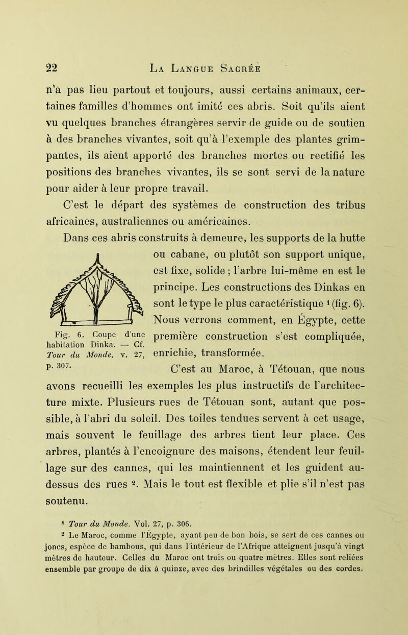 n’a pas lieu partout et toujours, aussi certains animaux, cer- taines familles d’hommes ont imité ces abris. Soit qu’ils aient vu quelques branches étrangères servir de guide ou de soutien à des branches vivantes, soit qu’à l’exemple des plantes grim- pantes, ils aient apporté des branches mortes ou rectifié les positions des branches vivantes, ils se sont servi de la nature pour aider à leur propre travail. C’est le départ des systèmes de construction des tribus africaines, australiennes ou américaines. Dans ces abris construits à demeure, les supports de la hutte ou cabane, ou plutôt son support unique, est fixe, solide ; l’arbre lui-même en est le principe. Les constructions des Dinkas en sont le type le plus caractéristique ^ (fig. 6). Nous verrons comment, en Égypte, cette Fig. 6. Coupe d’une première construction s’est compliquée, habitation Dinka. — Cf. Tour du Monde, v. 27, enrichie, transformée. C’est au Maroc, à Tétouan, que nous avons recueilli les exemples les plus instructifs de l’architec- ture mixte. Plusieurs rues de Tétouan sont, autant que pos- sible, à l’abri du soleil. Des toiles tendues servent à cet usage, mais souvent le feuillage des arbres tient leur place. Ces arbres, plantés à l’encoignure des maisons, étendent leur feuil- lage sur des cannes, qui les maintiennent et les guident au- dessus des rues 2. Mais le tout est flexible et plie s’il n’est pas soutenu. ^ Tour du Monde. Vol. 27, p. 306. 2 Le Maroc, comme l’Egypte, ayant peu de bon bois, se sert de ces cannes ou joncs, espèce de bambous, qui dans l'intérieur de l’Afrique atteignent jusqu’à vingt mètres de hauteur. Celles du Maroc ont trois ou quatre mètres. Elles sont reliées ensemble par groupe de dix à quinze, avec des brindilles végétales ou des cordes,