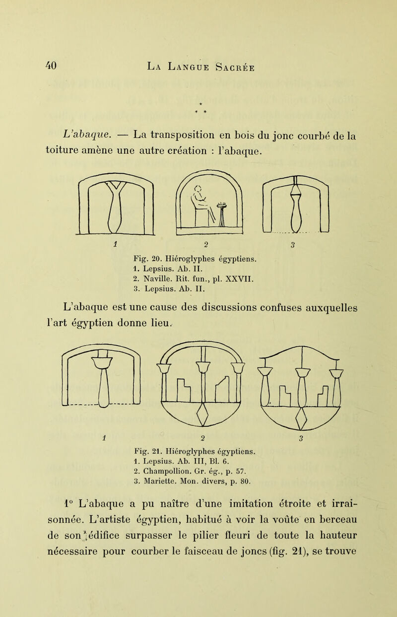 + L'abaque. — La transposition en bois du jonc courbé de la toiture amène une autre création : l’abaque. Fig. 20. Hiéroglyphes égyptiens. 1. Lepsius. Ab. II. 2. Naville. Rit. fun., pl. XXVII. 3. Lepsius. Ab. II. L’abaque est une cause des discussions confuses auxquelles l’art égyptien donne lieu. Fig. 21. Hiéroglyphes égyptiens. 1. Lepsius. Ab. III, Bl. 6. 2. Ghampollion. Gr. ég., p. 57. 3. Mariette. Mon. divers, p. 80. 1° L’abaque a pu naître d’une imitation étroite et irrai- sonnée. L’artiste égyptien, habitué à voir la voûte en berceau de sonjédifice surpasser le pilier fleuri de toute la hauteur nécessaire pour courber le faisceau de Joncs (fig. 21), se trouve