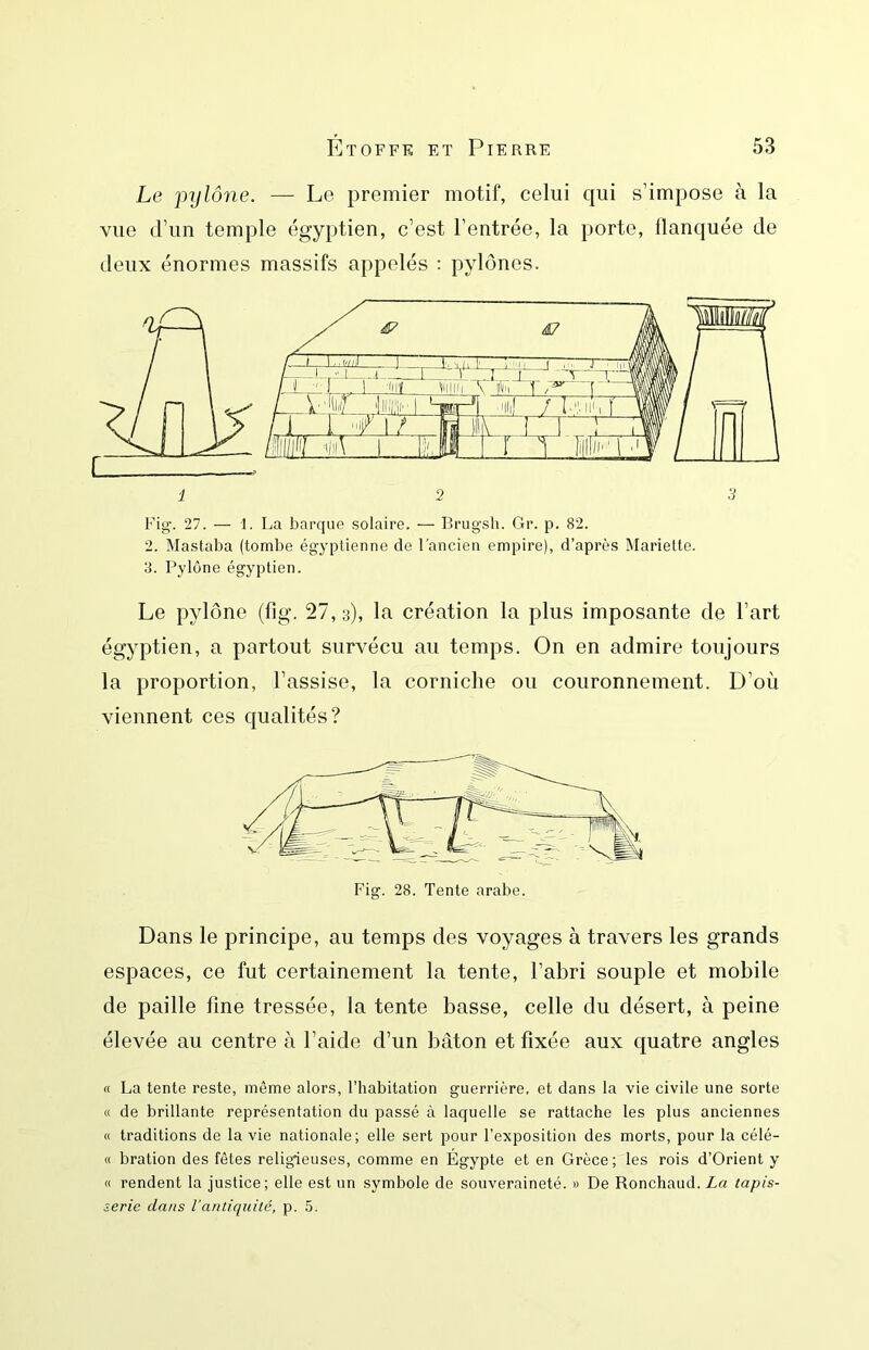 Le pylône. — Le premier motif, celui qui s’impose à la vue d’un temple égyptien, c’est l’entrée, la porte, flanquée de deux énormes massifs appelés : pylônes. Fig. 27. — 1. La barque solaire. — Brug’sli. Gr. p. 82. 2. Mastaba (tombe égyptienne de l'ancien empire), d’après Mariette. 3. Pylône égyptien. Le pylône (fig. 27, 3), la création la plus imposante de l’art égyptien, a partout survécu au temps. On en admire toujours la proportion, l’assise, la corniche ou couronnement. D’où viennent ces qualités? Fig. 28. Tente arabe. Dans le principe, au temps des voyages à travers les grands espaces, ce fut certainement la tente, l’abri souple et mobile de paille fine tressée, la tente basse, celle du désert, à peine élevée au centre à l’aide d’un bâton et fixée aux quatre angles « La tente reste, même alors, l’habitation guerrière, et dans la vie civile une sorte « de brillante représentation du passé à laquelle se rattache les plus anciennes « traditions de la vie nationale; elle sert pour l’exposition des morts, pour la célé- « bration des fêtes religieuses, comme en Egypte et en Grèce; les rois d’Orient y « rendent la justice; elle est un symbole de souveraineté. » De Ronchaud. La tapis- serie clans l’antiquité, p. 5.