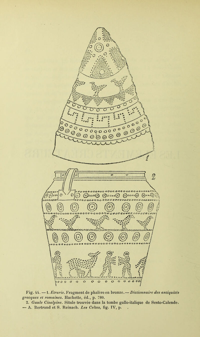 Fig. 44. — 1. Étrurie. Fragment de phalère en bronze. — Dictionnaire des antiquités grecques et romaines. Hachette, éd., p. 780. 2. Gaule Cisalpine. Situle trouvée dans la tombe gallo-italique de Sesto-Calende* — A. Bertrand et S. Reinach. Les Celtes, fig. IV, p*