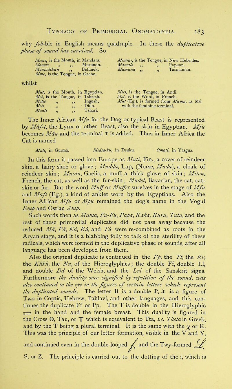 why fob-\A^ in English means quadruple. In these the duplicative phase of sound has survived. So Meme, is the Mouth, in Mandara. Mombo ,, ,, Murundo. Mamadthun ,, Bethuck. Mme, is the Tongue, in Grebo. whilst Mut, is the Mouth, in Egyptian. Mot, is the Tongue, in Tshetsh. Motte ,, ,, Ingush. Mets ,, ,, Dido. Maais ,, ,, Tshari. The Inner African Mfu for the Dog or typical Beast is represented by Mdf-t, the Lynx or other Beast, also the skin in Egyptian. Mfu becomes Mdu and the terminal T is added. Thus in Inner Africa the Cat is named Muti, in Gurma. Medsa-ku, in Dsuku. Omali, in Yasgua. In this form it passed into Europe as Muti, Fin., a cover of reindeer skin, a hairy shoe or glove ; Mudda, Lap, (Norse, Muda), a cloak of reindeer skin; Mutau, Gaelic, a muff, a thick glove of skin ; Miton, French, the cat, as well as the fur-skin ; Mudel, Bavarian, the cat, cat- skin or fur. But the word Muff or Muffet survives in the stage of Mfu and Maft (Eg.), a kind of anklet worn by the Egyptians. Also the Inner African Mfu or Mpu remained the dog’s name in the Vogul Emp and Ostiac Amp. Such words then as Mama, Fu-Fu, Papa, Kaka, Ruru, Tutu, and the rest of these primordial duplicates did not pass away because the reduced Md, Pd, Kd, Rd, and Tit were re-combined as roots in the Aryan stage, and it is a blabbing folly to talk of the sterility of these radicals, which were formed in the duplicative phase of sounds, after all language has been developed from them. Also the original duplicate is continued in the Pp, the Tt, the Rr, the Khkh, the Nn, of the Hieroglyphics ; the double Ff, double LI, and double Dd of the Welsh, and the Lri of the Sanskrit signs. Furthermore the duality once signified by repetition of the sound, was also continued to the eye in the figures of certain letters which represent the duplicated sounds. The letter B is a double P-, it is a figure of Two in Coptic, Hebrew, Pahlavi, and other languages, and this con- tinues the duplicate Ff or Pp. The T is double in the Hieroglyphic t=i in the hand and the female breast. This duality is figured in the Cross 0, Tau, or T which is equivalent to Tta, i.e. Thetavo Greek, and by the T being a plural terminal. It is the same with the 'g or K. This was the principle of our letter formation, visible in the V and Y, and continued even in the double-looped S, or Z. The principle is carried out to the dotting of the i, which is and the Twy-formed Miviia’, is the Tongue, in New Hebrides. Mamalo ,, ,, Papuan. Mamana ,, ,, Tasmanian. Mits, is the Tongue, in Andi. Mot, is the Word, in French. Mut (Eg.), is formed from Mumu, as Mu with the feminine terminal.