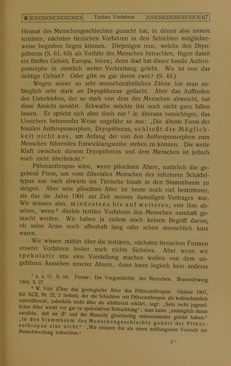 Heimat des Menschengeschlechtes gesucht hat, in denen also unsere tertiären, nächsten tierischen Vorfahren in den Schichten möglicher- weise begraben liegen können. Diejenigen nun, welche den Dryo- pithecus (S. 61, 63) als Vorfahr des Menschen betrachten, fügen damit ein fünftes Gebiet, Europa, hinzu; denn dort hat dieser fossile Anthro- pomorphe in ziemlich weiter Verbreitung gelebt. Wo ist nun das richtige Gebiet? Oder gibt es gar deren zwei? (S. 43.) Wegen seiner so sehr menschenähnlichen Zähne hat man an- fänglich sehr stark an Dryopithecus gedacht. Aber das Auffinden des Unterkiefers, der so stark von dem des Menschen abweicht, hat diese Ansicht zerstört. Schwalbe möchte ihn noch nicht ganz fallen lassen. Er spricht sich aber doch nur1 in überaus vorsichtiger, das Unsichere betonender Weise ungefähr so aus: „Die älteste Form der fossilen Anthropomorphen, Dryopithecus, schließt die Möglich- keit nicht aus, am Anfang der von den Anthropomorphen zum Menschen führenden Entwicklungsreihe stehen zu können. Die weite Kluft zwischen diesem Dryopithecus und dem Menschen ist jedoch noch nicht überbrückt.“ Pithecanthropus wäre, wenn pliocänen Alters, natürlich die ge- gebene Form, um vom diluvialen Menschen des inferioren Schädel- typus aus nach abwärts ins Tierische hinab in den Stammbaum zu steigen. Aber sein pliocänes Alter ist heute noch viel bestrittener, als das im Jahre 1901 zur Zeit meines damaligen Vortrages war. Wir müssen also, mindestens bis auf weiteres, von ihm ab- sehen, wenn direkte tertiäre Vorfahren des Menschen namhaft ge- macht werden. Wir haben ja zudem noch keinen Begriff davon, ob seine Arme noch affenhaft lang oder schon menschlich kurz waren. Wir wissen mithin über die tertiären, nächsten tierischen Formen unserer Vorfahren bisher noch nichts Sicheres. Aber wenn wir spekulativ uns eine Vorstellung machen wollen von dem un- gefähren Aussehen unserer Ahnen, dann kann logisch kein anderes Ferner: Die Vorgeschichte des Menschen. Braunschweig 1 a. a. O. S. 54. 1904, S. 27. Bd XCi7'n,°90 ‘ST J“. fol“8is?e Alter des Pithecanthropus. Globus 1907, d;. ’ Nr;22’2 Se,ten)> der die Schichten mit Pithecanthropus als wahrscheinlich mitteldiluvial, jedenfalls nicht älter als altdiluvial erklärt, sagt: „Sein recht jugend- zwehefn daT'' Z ga7U SPekU'atiVer Betrad’1US-; ™ >»» --möglich ton ZTn 'den 9t k , MeSCh) gleichzeitig nebeneinander gelebt haben.- .In den Stammbaum des Menschengeschlechts gehört der Pithec- Menschwenhing Wrachtem- W‘r m“SSe 'hn a'S elnen mißlunSe™ Versuch zur