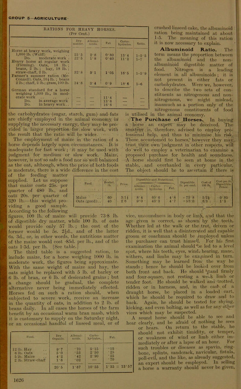 RATIONS FOR HEAVY HORSES. (Per Cent.) Dry matter. Albumi- noids Put Carbo- hydrates. Ratio. Horse at heavy work, weighing 1,000 lb. (Wolff) 25'5 2-8 0’80 13*4 1-5* 5 Ho. moderate work . 22- 5 1'8 O’OO 11*2 1 7 Heavy horse at regular work (Fleming). Oats, 18 lb. ; beans, 2 lb. ; hay, 18 lb.; straw-chaff, 2 lb. CO 10 00 3’1 1’05 16’ 5 1-5* 9 Farmer’s summer ration (Mc- Connell). Oats, 10J lb. ; beans 2 lb.; chaff, 2 lb.; grass, 100 lb. 34'8 34 09 18- 0 l-G German standard for a horse weighing 1,000 lb., in mod- erate work 11’4 Do. in average work — — 13'6 Do. in heavy work.. — — 16'6 — — the carbohydrates (sugar, starch, gum) and-fats are chiefly employed in the animal economy, in supplying the necessary energy, they may be pro- vided in larger proportion for slow work, with the result that the ratio will be wider. The employment of maize in the ration of a horse depends largely upon circumstances. It is inadequate for fast work ; it may be used with judgment for medium or slow wofk. Maize, however, is not' so safe a food nor so well balanced as the oat, although, when the price of both foods is moderate, there is a wide difference in the cost of the feeding matter supplied. Let us suppose that maize! costs 25s. per quarter of 480 lb., and oatS 20s. per quarter of 320 lb.—this weight pro- viding a good sample. According to the following figures, 100 lb. of maize will provide 73-8 lb. of digestible dry matter, while 100 lb. of oats would provide only 57 lb. ; the cost of the former would be 5s. 2J d., and of the latter 6s. 3d., or, in other words, the nutritious matter of the maize would cost -85d. per lb., and of the oats l-3d. per lb. [See table.] The third table is a suggested ration, to include maize, for a horse weighing 1000 lb. in moderate work, the figures being approximate. With the same weight of maize and hay, the oats might be replaced with 5 lb. of barley or 6 lb. of bran, or 6 lb. of desiccated grains ; but a change should be gradual, the complete alternative never being immediately effected. Horses fed on such a ration should, when subjected to severe work, receive an increase in the quantity of oats, in addition to 2 lb. of beans daily. In all cases the horses of the farm benefit by an occasional warm bran mash, which it is customary to supply on the Saturday night, or an occasional handful of linseed meal, or of crushed linseed cake, the albuminoid ration being maintained at about 1-5. The meaning of this ration it is now necessary to explain. ' Albuminoid Ratio. The term means the proportion between the albuminoid and the non- albuminoid digestible matter of food. Nitrogen is a leading element in all albuminoids; it is not present in either fats or carbohydrates. Were we, however, to describe the two sets of con- stituents as nitrogenous and non- nitrogenous, we might mislead, inasmuch as a portion only of the nitrogenous constituents of food is utilised in the animal economy. The Purchase of Horses., In buying a horse an expert may be deceived. The amateur is, therefore, advised to employ pro- fessional help, and thus to minimise. his risk. Those accustomed to horses,' however they may trust their own judgment in other respects, will do well to employ a veterinarian to examine a proposed purchase for health and soundness. A horse should first be seen at home in the stable, and overhauled in every particular. The object should be to ascertain iff there is * • vice, unsoundness in body or limb, aud that the age given is correct, as shown by the teeth. Whether led at the walk or the trot, driven or ridden, it is well that a disinterested and capable groom or coachman should be employed unless the purchaser can trust himself. For hio first, examination the animal should‘he led to a level spot, where his teeth, eyes, winch hearing, mane, withers, and limbs may be examined in turn. Something may be learned from the way he stands ; hence he should be looked over from both front and back. He should *^tand firmly and four-square, not resting a wetjc limb or tender foot. He should be walked and trotted, ridden or in harness, and, in the cash of a draught horse, be placed in a loaded cart, which lie should be required to draw and to back. Again, he should be tested for shying, kicking, and even bolting, as well as for any other vices which may be suspected. A sound horse should be able to sec, and hear clearly, and be afraid of nothing he sees or hears. On return to the stable, ho should not exhibit timidity, or temper, or weakness of wind or limb either im- mediately or after a lapse of an hour. For such troubles or diseases as spavin, ring- bone, splints, sandcrack, navicular, fistula, poll-evil, and the like, as already suggested, an expert should be employed. In selling a horse a warranty should never be given. Food. Dry Organic. Albumi- noids, Carbo- Jtyrlratea.. Fat. 12 lb. Hay 9’7 •70 5 15 •15 (5 lb. Oats 5-0 •53 2' 60 •25 5 lb. Maize 4'2 •42 2-90 • 25 2 lb. Straw-chaff 1’6 •02 — •70 205 1-67 1055 1-35 = 13-67 Food. . ‘ 1 i y' Bushel. lb. Price. Digestible aud Nutritious. Digestible, lb. percent. Cost of ! £?st pq !b- 100 lb. ! Dipt. Me. i ^ j Pence. Albumi- noids. ’ Garbo* hydra tea. 'fiat. Maize Oats (good).. 60 40 3/1J 2 6 8- 4 9- 0 60'6 433 4'8 47 - 73'8 = 57,'.0. ■ 5/2f i 0-85 6 3 : 1-3