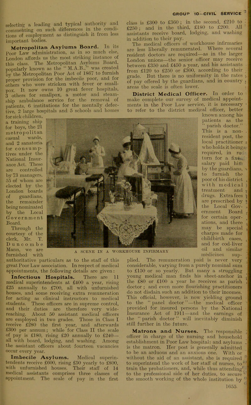 selecting a leading and typical authority and commenting on such differences in the condi- tions of employment as distinguish it from less important bodies. Metropolitan Asylums Board. In its Poor Law administration, as in so much else, London affords us the most striking instance of this class. The Metropolitan Asylums Board, popularly known as the “ M.A.B.,” was created by the Metropolitan Poor Act of 1867 to furnish proper provision for the imbecile poor, and for others who were stricken with fever or small- pox. It now owns 10 great fever hospitals, 3 others for smallpox, a motor and steam- ship ambulance service for the removal of patients, 6 institutions for the mentally defec- tive, 2 large hospitals and 5 schools and homes for sick children, a training ship for boys, the 21 metropolitan casual wards, and 2 sanatoria for consump- tives under the National Insur- ance Act. These are controlled by 73 managers. 55 of whom are elected by the London boards of guardians, the remainder being nominat ed by the Local Government Board. Through the courtesy of the clerk, Mr. T. Duncombe Mann, we are furnished with . authoritative particulars as to the staff of this great Poor Law association. In respect of medical appointments, the following details are given: Infectious Hospitals. There are 11 medical superintendents at £400 a year, rising £25 annually to £700, all with unfurnished houses, and some receiving extra remuneration for acting as clinical instructors to medical students. These officers are in supreme control, and their duties are therefore very wide- reaching. About 50 assistant medical officers are employed in two grades. Those in Class I receive £280 the first year, and afterwards £300 per annum; while for Class II the scale of pay is £180, rising £20 annually to £240— all with board, lodging, and washing. Among the assistant officers about fourteen vacancies occur every year. Imbecile Asylums. Medical superin- tendents receive £600, rising £50 yearly to £800, with unfurnished houses. Their staff of 14 medical assistants comprises three classes of appointment. The scale of pay in the first class is £300 to £360 ; in the second, £210 to - £250 ; and in the third, £180 to £200. All assistants receive board, lodging, and washing in addition to their pay. The medical officers of workhouse infirmaries are less liberally remunerated. Where several resident doctors are required—as in the larger London unions—the senior officer may receive between £350 and £450 a year, and his assistants from £120 to £250 or £300, according to their grade. But there is no uniformity in the rates y of pay offered by the guardians, and in country * areas the scale is often lower. District Medical Officer. In order to - make complete our survey of medical appoint- ments in the Poor Law service, it is necessary • to refer to the district medical officer, better known among his patients as the “ parish doctor.” This is a non- . resident post, the local practitioner .? who holds it beingre required, in re- turn for a fixep;. salary paid hiffi by the guardians, -> to furnish the poor of his district with medical ) treatment and T drugs. Extra fees t are prescribed by the Local Gov- > emment Board r for certain oper- ations, and there 5 may be special , charges made for childbirth cases, , and for cod-liver oil and similar medicines sup- • plied. The remuneration paid is never very ’ considerable, varying from a purely nominal sum to £150 or so yearly. But many a struggling young medical man finds his sheet-anchor in the £80 or £100 a year he receives as parish , doctor ; and even more flourishing practitioners do not disdain such an addition to their incomes. This official, however, is uoav yielding ground to the “ panel doctor ”—the medical officer '• provided for insured persons by the National Insurance Act of 1911—and the earnings of the “ parish doctor ” will inevitably diminish still further in the future. Matrons and Nurses. The responsible ; officer in charge of the nursing and household establishment in Poor Law hospitals and asylums „ is the matron. Her post is generally admitted to be an arduous and an anxious one. With or without the aid of an assistant, she is required  to superintend the work of her staff of nurses, to1 ‘ train the probationers, and, while thus attending1 to the professional side of her duties, to secure1 the smooth working of the whole institution by n A SCENE IN A WORKHOUSE INFIRMARY