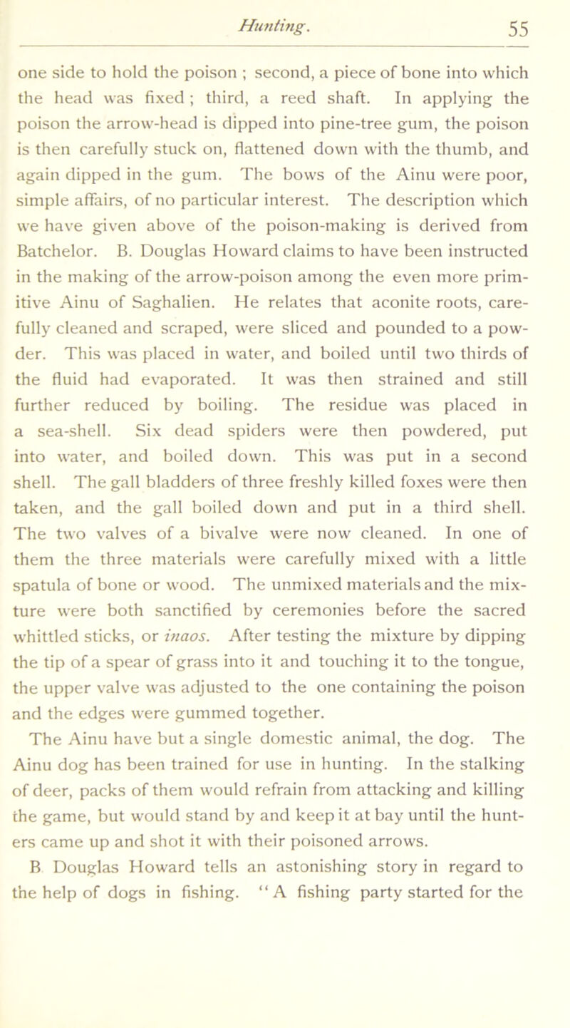 one side to hold the poison ; second, a piece of bone into which the head was fixed ; third, a reed shaft. In applying the poison the arrow-head is dipped into pine-tree gum, the poison is then carefully stuck on, flattened down with the thumb, and again dipped in the gum. The bows of the Ainu were poor, simple affairs, of no particular interest. The description which we have given above of the poison-making is derived from Batchelor. B. Douglas Howard claims to have been instructed in the making of the arrow-poison among the even more prim- itive Ainu of Saghalien. He relates that aconite roots, care- fully cleaned and scraped, were sliced and pounded to a pow- der. This was placed in water, and boiled until two thirds of the fluid had evaporated. It was then strained and still further reduced by boiling. The residue was placed in a sea-shell. Six dead spiders were then powdered, put into water, and boiled down. This was put in a second shell. The gall bladders of three freshly killed foxes were then taken, and the gall boiled down and put in a third shell. The two valves of a bivalve were now cleaned. In one of them the three materials were carefully mixed with a little spatula of bone or wood. The unmixed materials and the mix- ture were both sanctified by ceremonies before the sacred whittled sticks, or inaos. After testing the mixture by dipping the tip of a spear of grass into it and touching it to the tongue, the upper valve was adjusted to the one containing the poison and the edges were gummed together. The Ainu have but a single domestic animal, the dog. The Ainu dog has been trained for use in hunting. In the stalking of deer, packs of them would refrain from attacking and killing the game, but would stand by and keep it at bay until the hunt- ers came up and shot it with their poisoned arrows. B Douglas Howard tells an astonishing story in regard to the help of dogs in fishing. “A fishing party started for the