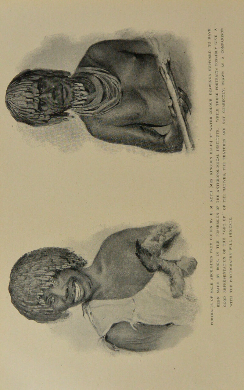 PORTRAITS OF MAI-li ABORIGINES FROM COPIES BY E. M ROTH (MRS. KING DON F.t.1.18) OF WATER COLOUR DRAWINGS SUPPOSED TO HANK BEEN MADE BY BOCK, IN THE POSSESSION OF THE ANTHROPOLOGICAL INSTITUTE. WHILE THESE PORTRAITS POSS1RLN GIN E A GOOD REPRESENTATION OF THE GET UP  OF THE NATIVES, THE FEATURES ARE NOT CORRECTLY, DRAWN AS A COMPARISON WITH THE PHOTOGRAPHS WILL INDICATE.