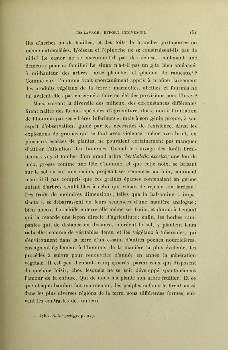 lits d’herbes ou de feuilles, et des toits de branches juxtaposées ou même entremêlées. L’oiseau et l’épinoche ne se construisent-ils pas de nids? Le castor ne se maçonne-t-il pas des écluses contenant une demeure pour sa famille? Le singe n’a-t-il pas un gîte bien aménagé, à mi-hauteur des arbres, avec plancher et plafond de rameaux’ ? Comme eux, l’homme avait spontanément appris à profiter largement des produits végétaux de la terre : marmottes, abeilles et fourmis ne lui avaient-elles pas enseigné à faire en été des provisions pour l’hiver? Mais, suivant la diversité des milieux, des circonstances différentes firent naître des formes spéciales d’agriculture, dues, non à l’initiation de l’homme par ses «frères inférieurs «, mais à son génie propre, à son esprit d’observation, guidé par les nécessités de l’existence. Ainsi les explosions de graines qui se font avec violence, même avec bruit, en plusieurs espèces de plantes, ne pouvaient certainement pas manquer d’attirer l’attention des hommes. Quand le sauvage des forêts brési- liennes voyait tomber d’un grand arbre (bertholetia excelsa) une lourde noix, grosse comme une tête d’homme, et que cette noix, se brisant sur le sol ou sur une racine, projetait ses semences au loin, comment n’aurait-il pas compris que ces graines éparses contenaient en germe autant d’arbres semblables à celui qui venait de rejeter son fardeau ? Des fruits de moindres dimensions, telles que la balsamine « impa- tiente », se débarrassent de leurs semences d’une manière analogue; bien mieux, l’arachide enterre elle-même ses fruits, et donne à l’enfant qui la regarde une leçon directe d’agriculture; enfin, les herbes ram- pantes qui, de distance en distance, mordent le sol, y plantent leurs radicelles comme de véritables dents, et les végétaux à tubercules, qui s’environnent dans la terre d’un essaim d’autres poches nourricières, enseignent également à l’homme, de la manière la plus évidente, les procédés à suivre pour renouveler d’année en année la génération végétale. Il est peu d’enfants campagnards, parmi ceux qui disposent de quelque loisir, chez lesquels ne se soit développé spontanément l’amour de la culture. Qui de nous n’a planté son arbre fruitier! Et ce que chaque bambin fait maintenant, les peuples enfants le firent aussi dans les plus diverses régions de la terre, sous différentes formes, sui- vant les contrastes des milieux. I. Tylor, Anthropology, p. aag.