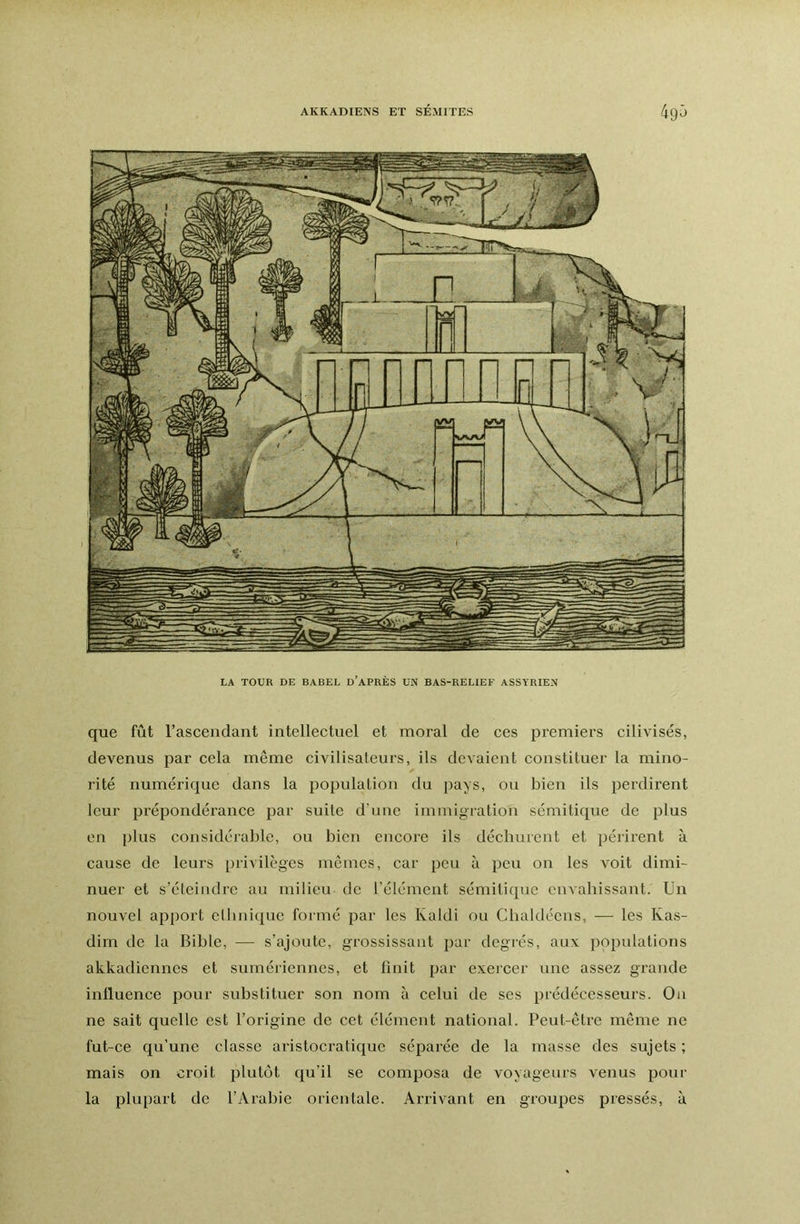 AKKADIENS ET SEMITES 49^ k H > y || |;îj LA TOUR DE BABEL d’aPRÈS UN BAS-RELIEF ASSYRIEN que fût rasceiidant intellectuel et moral de ces premiers cilivisés, devenus par cela même civilisateurs, ils devaient constituer la mino- rité numérique dans la population du pays, ou bien ils perdirent leur prépondérance par suite d’une immigration sémitique de plus en plus considérable, ou bien encore ils déchurent et périrent à cause de leurs privilèges mômes, car peu à peu on les voit dimi- nuer et s’éleiiidrc au milieu de l'élément sémitique envahissant. Un nouvel apport ethnique formé par les Raidi ou Chaldécns, — les Ras- dim de la Bible, — s’ajoute, grossissant par degrés, aux populations akkadiennes et sumériennes, et finit par exeicer une assez grande influence pour substituer son nom à celui de ses prédécesseurs. Ou ne sait quelle est l’origine de cet élément national. Peut-être même ne fut-ce qu’une classe aristocratique séparée de la masse des sujets ; mais on croit plutôt qu’il se composa de voyageurs venus pour la plupart de l’Arabie orientale. Arrivant en groupes pressés, à