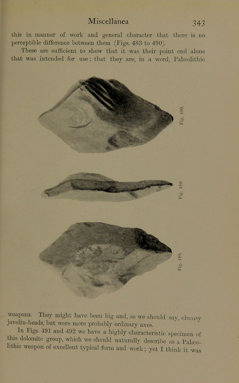 this iu inauuer of work and general cliaracter that there is no perceptible difference between them (Figs. 483 to 490). These are sufficient to show that it was their point end alone that was intended for use; tliat tliey are, in a word, Paheolithic weapons. They might have been big and, as we should say, clumsy javelin-heads, but were more probably ordinary axes. In ligs. 491 and 492 we have a highly characteristic specimen of this dolomite group, wliicli we should naturally describe as a Paheo- lithic weapon of excellent typical form and work; yet I think it was