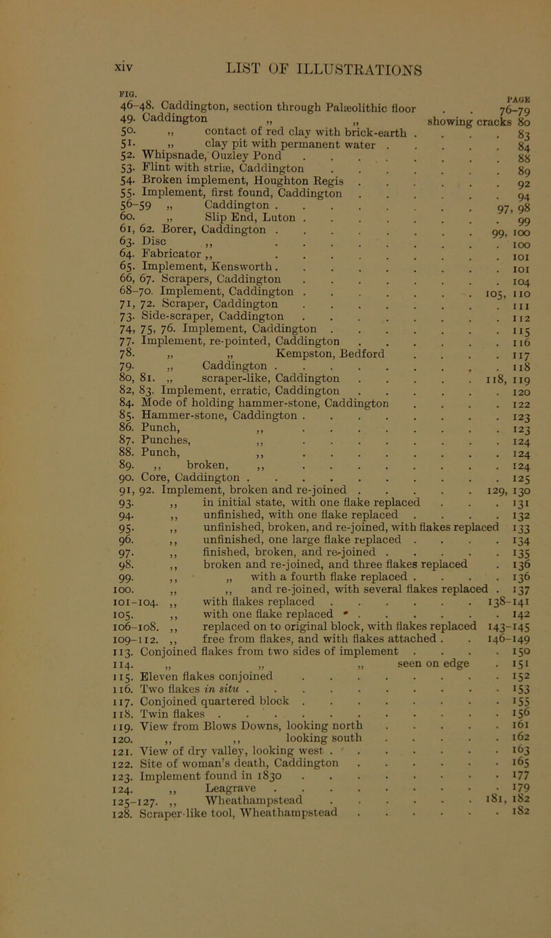 FIG. 46- 49- 5°- 51- 52- 53- 54- 55- 56- 60. 61, 63- 64. 65- 66, 68- 71, 73- 74, 77- 78. 79- 80, 82, 84. 85. 86. 87. 88. 89. 90. 91. 93- 94. 95- 96. 97- 98. 99- 100. 101- 105. 106- iog- 113- 114. 1 IS- 116. 117. 118. 119. 120. 121. 122. 123. 124. 125- 128. 97 99- 105, 48. Caddington, section through Paleolithic floor . . 76-79 Caddington „ „ showing cracks 80 „ contact of red clay with brick-earth „ clay pit with permanent water Whipsnade, Ouzley Pond Flint with stria), Caddington Broken implement, Houghton Regis Implement, first found, Caddington 59 „ Caddington . „ Slip End, Luton 62. Borer, Caddington . Disc Fabricator ,, Implement, Kensworth. 67. Scrapers, Caddington 70. Implement, Caddington 72. Scraper, Caddington Side-scraper, Caddington 75, 76. Implement, Caddington Implement, re-pointed, Caddington „ „ Kempston, Bedford „ Caddington . 81. „ scraper-like, Caddington 83. Implement, erratic, Caddington Mode of holding hammer-stone, Caddington Hammer-stone, Caddington Punch, ,, Punches, ,, Punch, ,, ,, broken, ,, Core, Caddington . 92. Implement, broken and re-joined in initial state, with one flake replaced unfinished, with one flake replaced unfinished, broken, and re-joined, with flakes replaced unfinished, one large flake replaced finished, broken, and re-joined . broken and re-joined, and three flakes replaced „ with a fourth flake replaced . ,, and re-joined, with several flakes with flakes replaced .... with one flake replaced * . replaced on to original block, with flakes replaced free from flakes, and with flakes attached 104. 108. 112. Conjoined flakes from two sides of implement seen on Eleven flakes conjoined Two flakes in situ Conjoined quartered block . Twin flakes . . . View from Blows Downs, looking north ,, ,, looking south View of dry valley, looking west . Site of woman’s death, Caddington Implement found in 1830 ,, Leagrave 127. ,, Wheathampstead Scraper-like tool, Wheathampstead replaced edge 118, 83 84 88 89 92 94 98 99 100 100 101 101 104 110 111 112 115 116 117 118 119 120 122 123 123 124 124 124 125 130 '3i 132 133 134 135 136 136 137 138-141 . 142 143-145 146-149 150 151 152 'S3 155 156 161 162 163 165 177 179 181, 182 . 1S2 129,