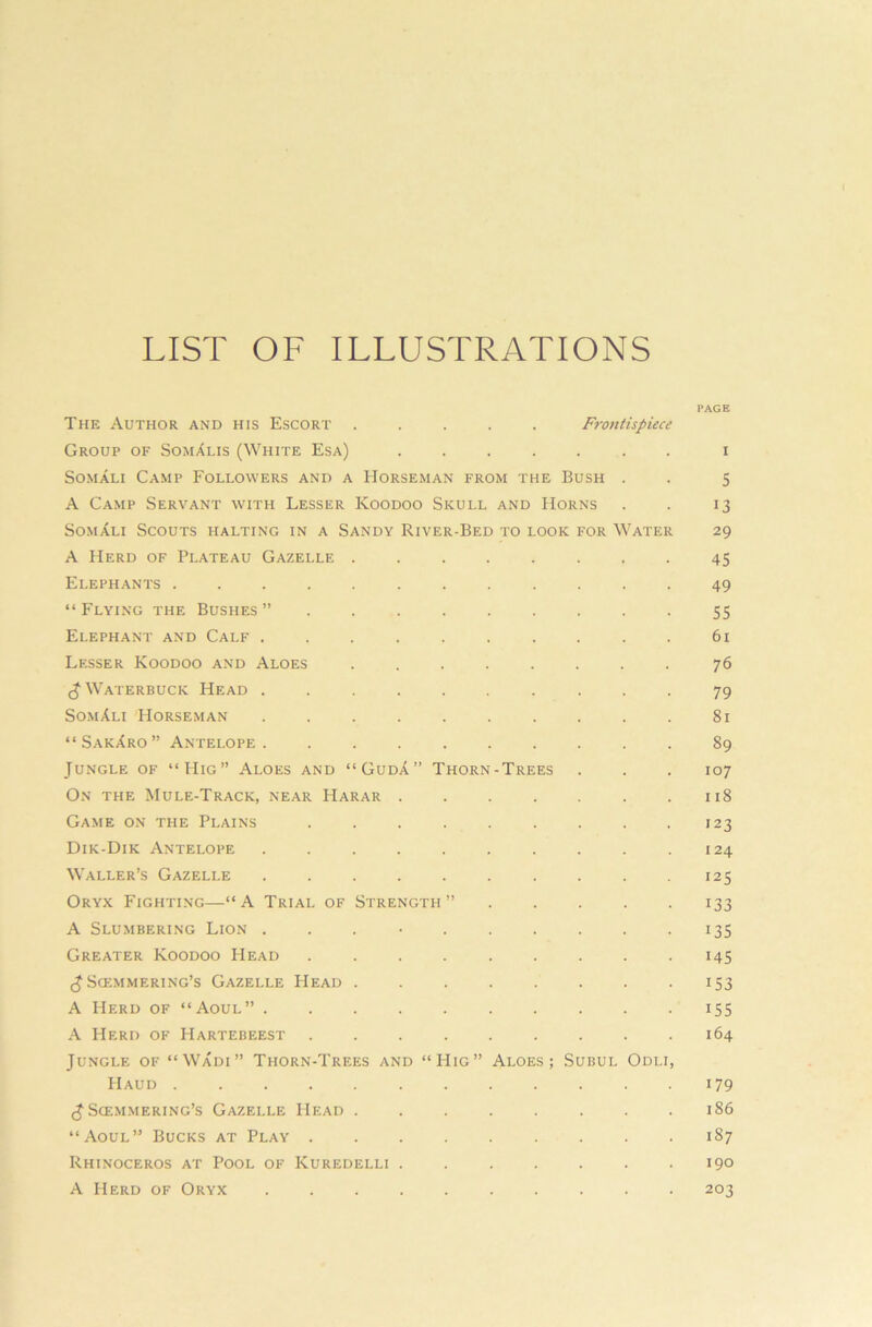 LIST OF ILLUSTRATIONS PAGE The Author and his Escort ..... Frontispiece Group of SomAlis (White Esa) ....... i Somali Camp Followers and a Horseman from the Bush . . 5 A Camp Servant with Lesser Koodoo Skull and Horns . . 13 Somali Scouts halting in a Sandy River-Bed to look for Water 29 A Herd of Plateau Gazelle 45 Elephants ....... 49 “Flying the Bushes” ......... 55 Elephant and Calf .......... 61 Lesser Koodoo and Aloes ........ 76 <JWaterbuck Head .......... 79 SomAli Horseman .......... 81 “SakAro” Antelope. .89 Jungle of “FIig” Aloes and “GudA” Thorn-Trees . . . 107 On the Mule-Track, near Harar 118 Game on the Plains . . . . . . . . .123 Dik-Dik Antelope . . . . . . . . . .124 Waller’s Gazelle . . .125 Oryx Fighting—“A Trial of Strength” ..... 133 A Slumbering Lion .......... 135 Greater Koodoo Head . . . . . . . . .145 £ Scemmering’s Gazelle Head . . . . . . . 153 A Herd of “Aoul” .......... 155 A Herd of Hartebeest 164 Jungle of “Wadi” Thorn-Trees and “Hig” Aloes; Subul Odli, Haud 179 Scemmering’s Gazelle Head . .186 “Aoul” Bucks at Play 187 Rhinoceros at Pool of Kuredelli . 190 A Herd of Oryx 203