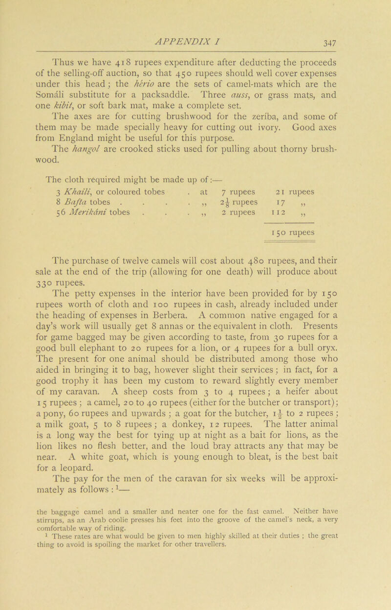 Thus we have 418 rupees expenditure after deducting the proceeds of the selling-off auction, so that 450 rupees should well cover expenses under this head; the herio are the sets of camel-mats which are the Somali substitute for a packsaddle. Three auss, or grass mats, and one kibii, or soft bark mat, make a complete set. The axes are for cutting brushwood for the zeriba, and some of them may be made specially heavy for cutting out ivory. Good axes from England might be useful for this purpose. The hangol are crooked sticks used for pulling about thorny brush- wood. The cloth required might be made up of:— 3 Khaili, or coloured tobes . at 7 rupees 21 rupees 8 Bnfta tobes . . . . „ 2^ rupees 17 ,, 56 Merikani tobes . . . ,, 2 rupees 112 ,, 150 rupees The purchase of twelve camels will cost about 480 rupees, and their sale at the end of the trip (allowing for one death) will produce about 330 rupees. The petty expenses in the interior have been provided for by 150 rupees worth of cloth and 100 rupees in cash, already included under the heading of expenses in Berbera. A common native engaged for a day’s work will usually get 8 annas or the equivalent in cloth. Presents for game bagged may be given according to taste, from 30 rupees for a good bull elephant to 20 rupees for a lion, or 4 rupees for a bull oryx. The present for one animal should be distributed among those who aided in bringing it to bag, however slight their services; in fact, for a good trophy it has been my custom to reward slightly every member of my caravan. A sheep costs from 3 to 4 rupees; a heifer about 15 rupees ; a camel, 20 to 40 rupees (either for the butcher or transport); a pony, 60 rupees and upwards ; a goat for the butcher, i| to 2 rupees ; a milk goat, 5 to 8 rupees; a donkey, 12 rupees. The latter animal is a long way the best for tying up at night as a bait for lions, as the lion likes no flesh better, and the loud bray attracts any that may be near. A white goat, which is young enough to bleat, is the best bait for a leopard. The pay for the men of the caravan for six weeks will be approxi- mately as follows :1— the baggage camel and a smaller and neater one for the fast camel. Neither have stirrups, as an Arab coolie presses his feet into the groove of the camel’s neck, a very comfortable way of riding. 1 These rates are what would be given to men highly skilled at their duties ; the great thing to avoid is spoiling the market for other travellers.