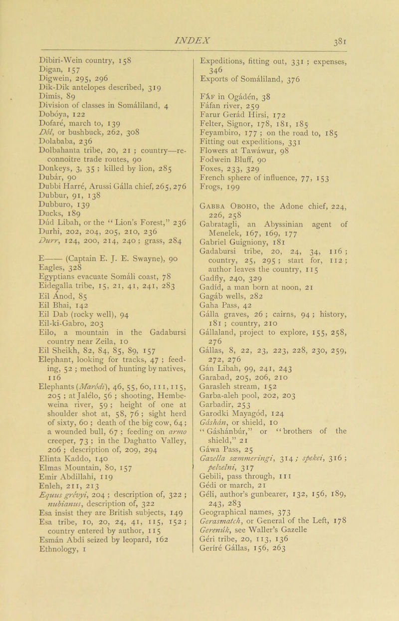 Dibiri-Wein country, 158 Digan, 157 Digwein, 295, 296 Dik-Dik antelopes described, 319 Dirnis, 89 Division of classes in Somaliland, 4 Doboya, 122 Dofare, march to, 139 DSl, or bushbuck, 262, 308 Dolababa, 236 Dolbahanta tribe, 20, 21 ; country—re- connoitre trade routes, 90 Donkeys, 3, 35; killed by lion, 285 Dubar, 90 Dubbi Harre, Arussi Galla chief, 265,276 Dubbur, 91, 138 Dubburo, 139 Ducks, 189 Dud Libah, or the “ Lion’s Forest,” 236 Durhi, 202, 204, 205, 210, 236 Durr, 124, 200, 214, 240; grass, 284 E (Captain E. J. E. Swayne), 90 Eagles, 328 Egyptians evacuate Somali coast, 78 Eidegalla tribe, 15, 21, 41, 241, 283 Eil Anod, 85 Eil Bhai, 142 Eil Dab (rocky well), 94 Eil-ki-Gabro, 203 Eilo, a mountain in the Gadabursi country near Zeila, 10 Eil Sheikh, 82, 84, 85, 89, 157 Elephant, looking for tracks, 47 ; feed- ing, 52 ; method of hunting by natives, 116 Elephants (Marodi), 46, 55, 60,111,115, 205 ; at Jalelo, 56 ; shooting, Hembe- weina river, 59; height of one at shoulder shot at, 58, 76 ; sight herd of sixty, 60 ; death of the big cow, 64; a wounded bull, 67 ; feeding on anno creeper, 73 ; in the Daghatto Valley, 206 ; description of, 209, 294 Elinta Kaddo, 140 Elmas Mountain, 80, 157 Emir Abdillahi, 119 Enleh, 211, 213 Equus grevyi, 204 ; description of, 322 ; nubianus, description of, 322 Esa insist they are British subjects, 149 Esa tribe, 10, 20, 24, 41, 115, 152; country entered by author, 115 Esman Abdi seized by leopard, 162 Ethnology, 1 Expeditions, fitting out, 331 ; expenses, 346 Exports of Somaliland, 376 FAf in Ogaden, 38 Fafan river, 259 Farur Gerad Hirsi, 172 Felter, Signor, 178, 181, 185 Feyambiro, 177 ; on the road to, 185 Fitting out expeditions, 331 Flowers at Tawawur, 98 Fodwein Bluff, 90 Foxes, 233, 329 French sphere of influence, 77, 153 Frogs, 199 Gabba Oboho, the Adone chief, 224, 226, 258 Gabratagli, an Abyssinian agent of Menelek, 167, 169, 177 Gabriel Guigniony, 181 Gadabursi tribe, 20, 24, 34, 116; country, 25, 295; start for, 112; author leaves the country, 115 Gadfly, 240, 329 Gadid, a man born at noon, 21 Gagab wells, 282 Gaha Pass, 42 Galla graves, 26 ; cairns, 94 ; history, 181 ; country, 210 Gallaland, project to explore, 155, 258, 276 Gallas, 8, 22, 23, 223, 228, 230, 259, 272, 276 Gan Libah, 99, 241, 243 Garabad, 205, 206, 210 Garasleh stream, 152 Garba-aleh pool, 202, 203 Garbadir, 253 Garodki Mayagod, 124 Gdshan, or shield, 10 “ Gashanbur,” or “brothers of the shield,” 21 Gawa Pass, 25 Gazella scemmeringi, 314; spekei, 316; pelzelni, 317 Gebili, pass through, 111 Gedi or march, 21 G£li, author’s gunbearer, 132, 156, 189, 243> 283 Geographical names, 373 Gcrasmatch, or General of the Left, 178 Gerenuk, see Waller’s Gazelle Geri tribe, 20, 113, 136 Genre Gallas, 156, 263