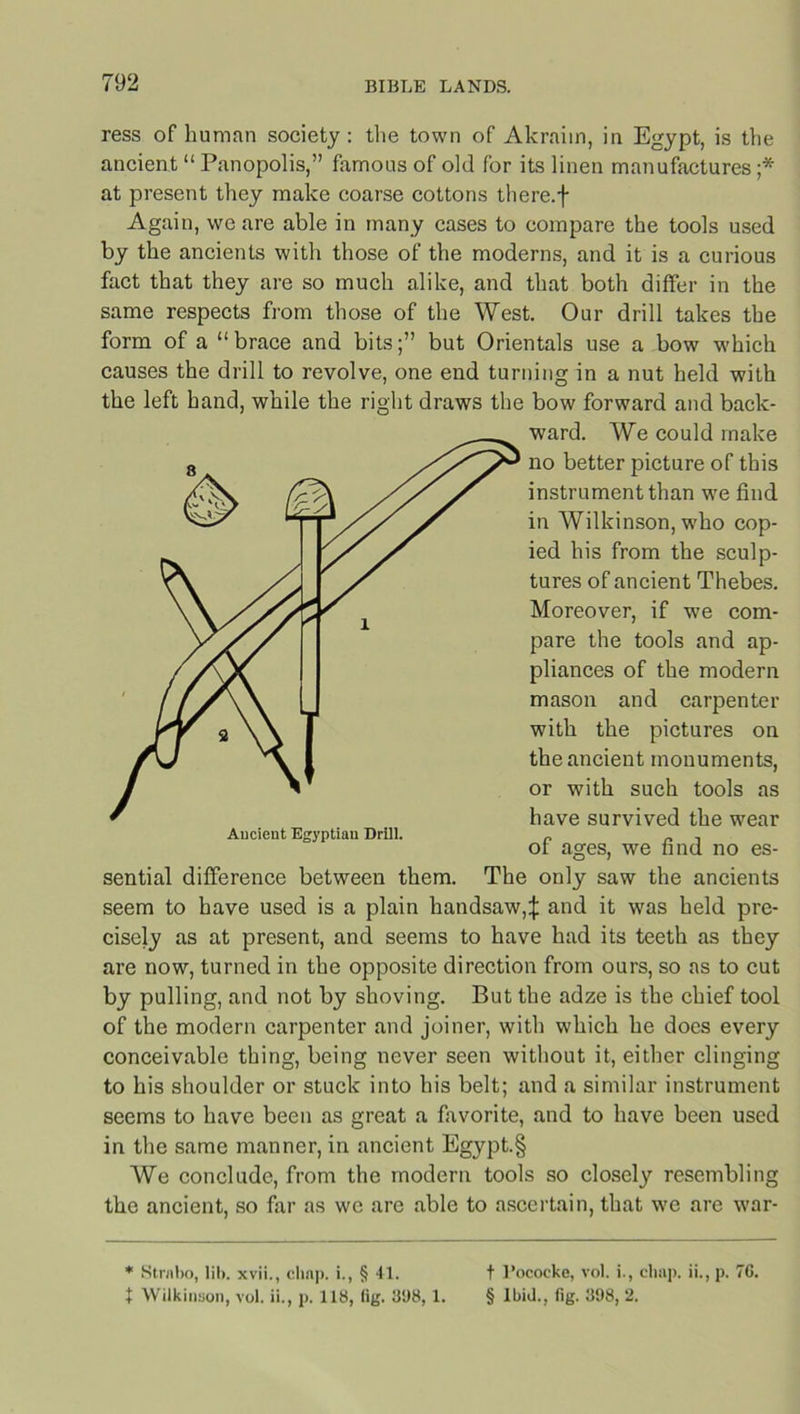 ress of human society: the town of Akraim, in Egypt, is the ancient “ Panopolis,” famous of old for its linen manufactures ;* at present they make coarse cottons there.f Again, we are able in many cases to compare the tools used by the ancients with those of the moderns, and it is a curious fact that they are so much alike, and that both differ in the same respects from those of the West. Our drill takes the form of a “brace and bits;” but Orientals use a bow which causes the drill to revolve, one end turning in a nut held with the left hand, while the right draws the bow forward and back- ward. We could make no better picture of this instrument than we find in Wilkinson, who cop- ied his from the sculp- tures of ancient Thebes. Moreover, if we com- pare the tools and ap- pliances of the modern mason and carpenter with the pictures on the ancient monuments, or with such tools as have survived the wear of ages, we find no es- sential difference between them. The only saw the ancients seem to have used is a plain handsaw,:}: and it was held pre- cisely as at present, and seems to have had its teeth as they are now, turned in the opposite direction from ours, so as to cut by pulling, and not by shoving. But the adze is the chief tool of the modern carpenter and joiner, with which he does every conceivable thing, being never seen without it, either clinging to his shoulder or stuck into his belt; and a similar instrument seems to have been as great a favorite, and to have been used in the same manner, in ancient Egypt.§ We conclude, from the modern tools so closely resembling the ancient, so far as we are able to ascertain, that we are war- Aucient Egyptian Drill. * Strabo, lib. xvii., chap, i., § 41. t I’ococke, vol. i., chap. ii., p. 76. t Wilkinson, vol. ii., p. 118, fig. 31)8, 1. § Ibid., fig. 398, 2.