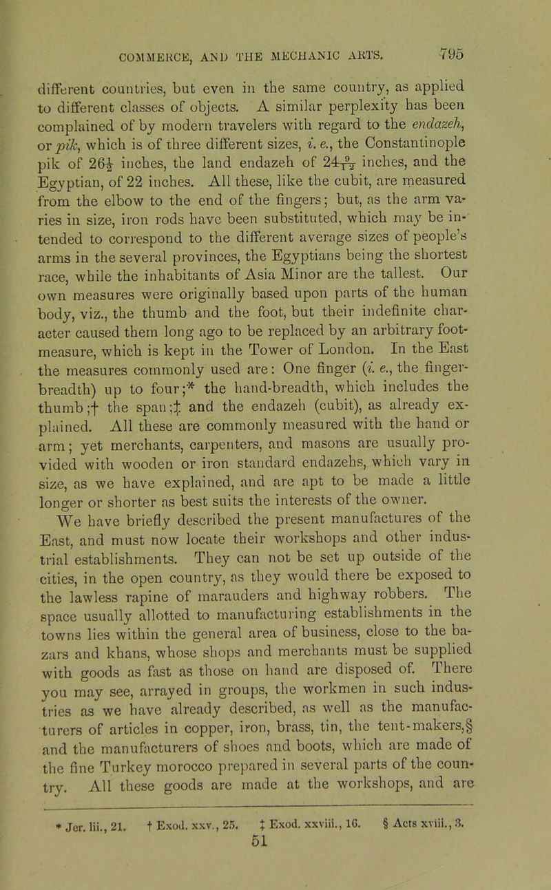 different countries, but even in the same country, as applied to different classes of objects. A similar perplexity has been complained of by modern travelers with regard to the enclazeh, or pik, which is of three different sizes, i. e., the Constantinople pik of 26^- inches, the land endazeh of 24-p* inches, and the Egyptian, of 22 inches. All these, like the cubit, are measured from the elbow to the end of the fingers; but, as the arm va- ries in size, iron rods have been substituted, which may be in- tended to correspond to the different average sizes of people’s arms in the several provinces, the Egyptians being the shortest race, while the inhabitants of Asia Minor are the tallest. Our own measures were originally based upon parts of the human body, viz., the thumb and the foot, but their indefinite char- acter caused them long ago to be replaced by an arbitrary foot- measure, which is kept in the Tower of London. In the East the measures commonly used are: One finger (i. e., the finger- breadth) up to four;* the hand-breadtb, which includes the thumb ;f the span \% and the endazeh (cubit), as already ex- plained. All these are commonly measured with the hand or arm; yet merchants, carpenters, and masons are usually pro- vided with wooden or iron standard endazehs, which vary in size, as we have explained, and are apt to be made a little longer or shorter as best suits the interests of the owner. We have briefly described the present manufactures of the East, and must now locate their workshops and other indus- trial establishments. They can not be set up outside of the cities, in the open country, as they would there be exposed to the lawless rapine of marauders and highway robbers. The space usually allotted to manufacturing establishments in the towns lies within the general area of business, close to the ba- zars and khans, whose shops and merchants must be supplied with goods as fast as those on hand are disposed of. There you may see, arrayed in groups, the workmen in such indus- tries as we have already described, as well as the manufac- turers of articles in copper, iron, brass, tin, the tent-makers,§ and the manufacturers of shoes and boots, which are made of the fine Turkey morocco prepared in several parts of the coun- try. All these goods are made at the workshops, and are *Jerlii.,21. t Exod. xxv., 25. t Exod. xxviii., 1C. § Acts xviii., 3. 51