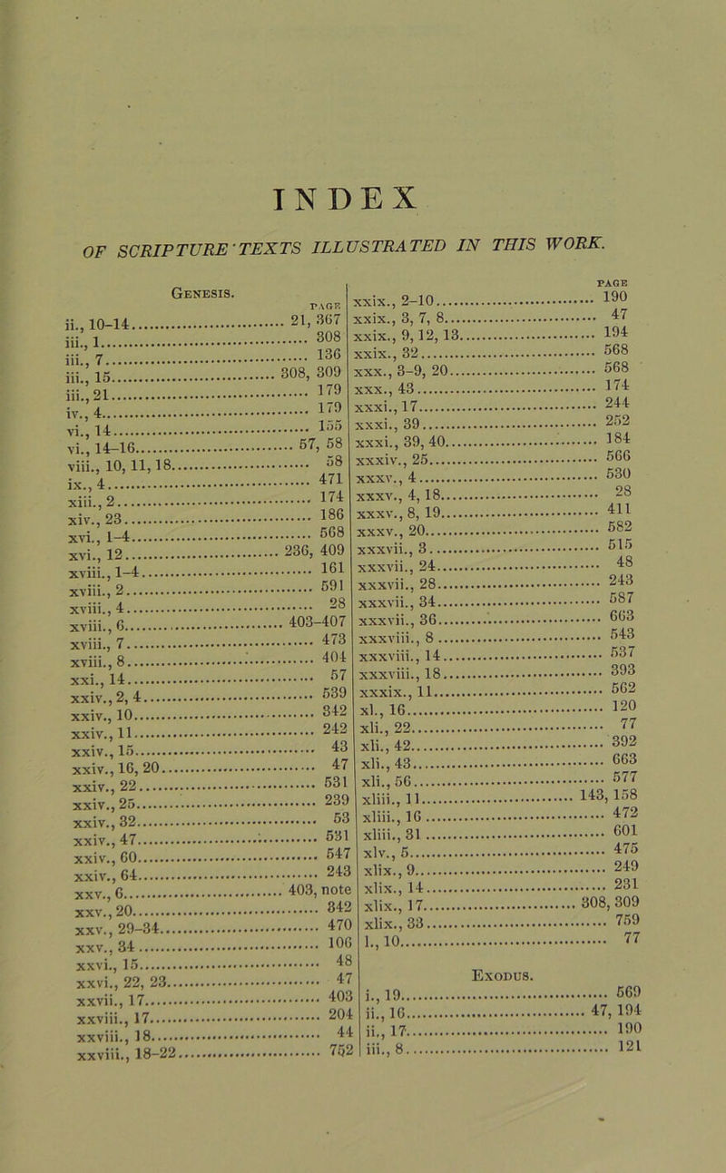 INDEX OF SCRIPTURE TEXTS ILLUSTRATED IN THIS WORK. Genesis. r AGE ii., 10-14 21, 367 i 308 PAGE xxix., 3, 7, 8 47 xxix., 9,12, 13 194 ::: <7 ... 136 xxix., 32 568 iii ’ 15 308, 309 01 ... 179 xxx., 3-9, 20 568 xxx., 43 174 ’ A 179 xxxi.,17 244 .. ,1 .. 155 vi.’ 14-16 67, 58 xxxi.,39,40 184 .... 471 xxxv., 4 530 xxxv., 8, 19 411 .: , 0 936 409 0 .. 591 xxxvii., 28 243 Q . 404 xl., 16.7 120 xli., 22 77 . xli., 42 392 xli., 43 663 „;,r or* 289 xliil.,11 143,158 xliii., 16 472 xliii.‘ 31 601 xlv., 5 475 xlix.,9 249 xlix., 14 231 l.,10. 77 xxvi., 22, 23 47 Exodus. j 569 ii., 16 47, 194 ii., 17 190