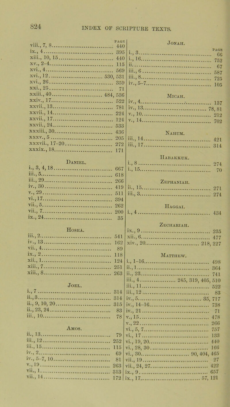 PAGE viii. , 7, 8 440 ix. , 4 395 Jonah. . „ PAGE 1.. 3 p,. xiii., 10, 15 440 xv., 2-4 115 xvi., 4 509 xvi., 12 530, 531 xvi., 26 359 xxi., 25 71 xxiii.,40 484, 53C xxiv., 17 522 Micah. iv.. 4 107 xxvii.,13 781 iv.. 13 7Q Q1 xxvii., 14 294 xxvii., 17 494 xxvii., 24 533 xxxiii., 30 436 xxxv., 5 205 Nahum. iii.. 14 401 xxxvii., 17-20 272 iii.. 17 on xxxix., 18 171 Daniel. i-, 3, 4,18 667 ITabakkuk. 8 274 15 7(\ 618 i‘i.,29 266 iv., 30 419 Zephaniaii. ii.. 15 971 v.,29 511 iii.. 3 .. . 071 v*m 17 394 vii-,5 262 vii., 7 200 Haggai. i.. 4 jo l ix.,24 35 Hosea. iii.,2 541 Zechariah. ix., 9 235 xii.. 6 . J77 iv., 13 102 xiv.. 20 . 91« 007 vii., 4 89 ix., 2 118 xii., 1 124 Matthew. i.. 1-16 job xiii., 7 251 ii.. 1 9Gj xiii., 8 263 Joel. i.,7 314 ii-, 23 741 iii., 4 245, 319, 405, 510 111., 11 522 111.. 12 so ii.,3 314 iv.. 5 2/1 717 ii., 9, 10, 20 315 ii., 23, 24 83 iv., 14-16 738 iii., 10 78 Amos. ii., 13 79 v. ,22 266 vi. , 5, 7 757 vi., 17 133 iii., 12 252 vi. 19 20 440 iii., 16 115 vi 28 30 166 <v., 2 09 iv., 5-7, 10 81 vi., 30 90, 404, 465 vii 19 27 v., 19 263 vii 94 97 422 vii., 1 313 vii., 14 172 ix., 17 57, 121