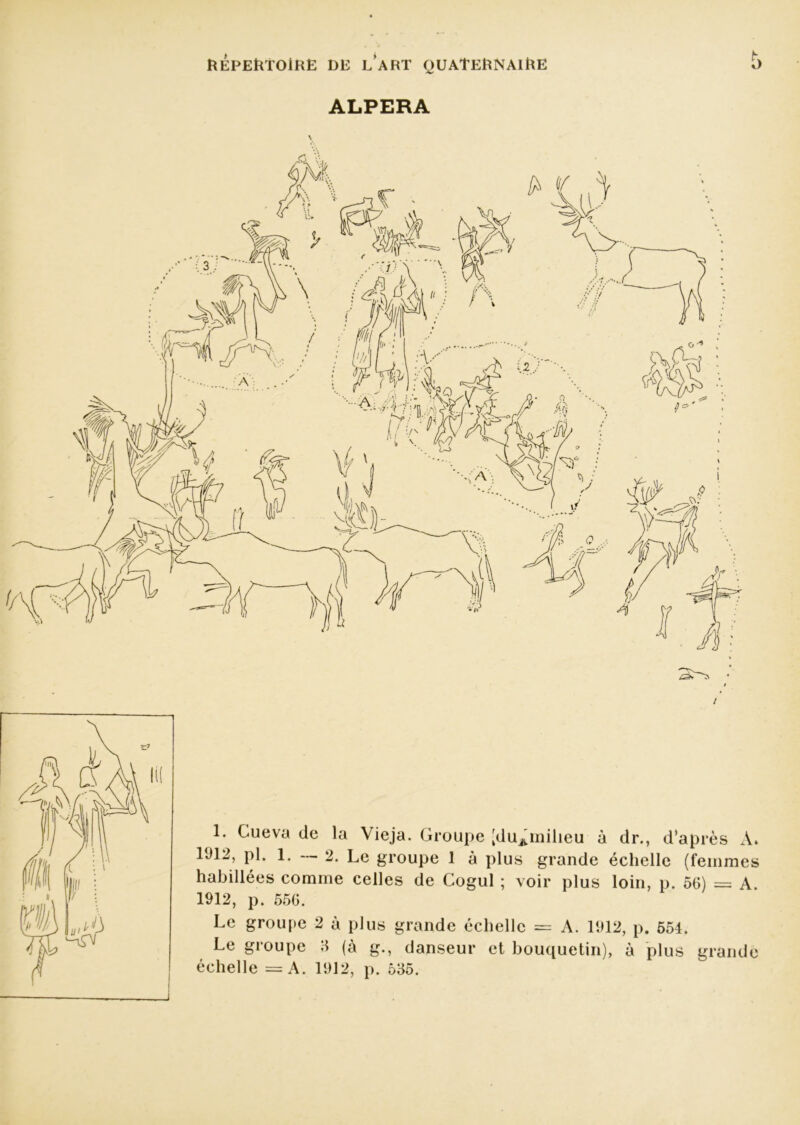 ALPERA / 1. Cueva de la Vieja. Groupe [du^milieu à dr., d’après A. 1912, pl. 1. —- 2. Le groupe 1 à plus grande échelle (femmes habillées comme celles de Cogul ; voir plus loin, p. 56) = A. 1912, p. 55G. Le groupe 2 à plus grande échelle = A. 1912, p. 554. Le groupe 3 (à g., danseur et bouquetin), à plus grande échelle =A. 1912, p. 535.