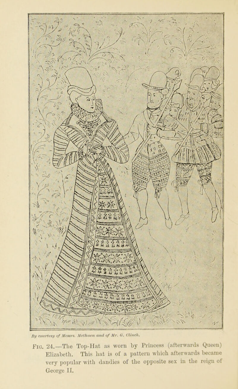 By courtesy of Messrs. .Methuen and of .Mr. G. ClincJt. Pio, 24.—Tlie Top-Hat as worn by Princess (ai'terwanls Queen) Elizabetli. This hat is of a pattern which afterwards became very popular witli dandies of the opposite sex in the reis;'n ot