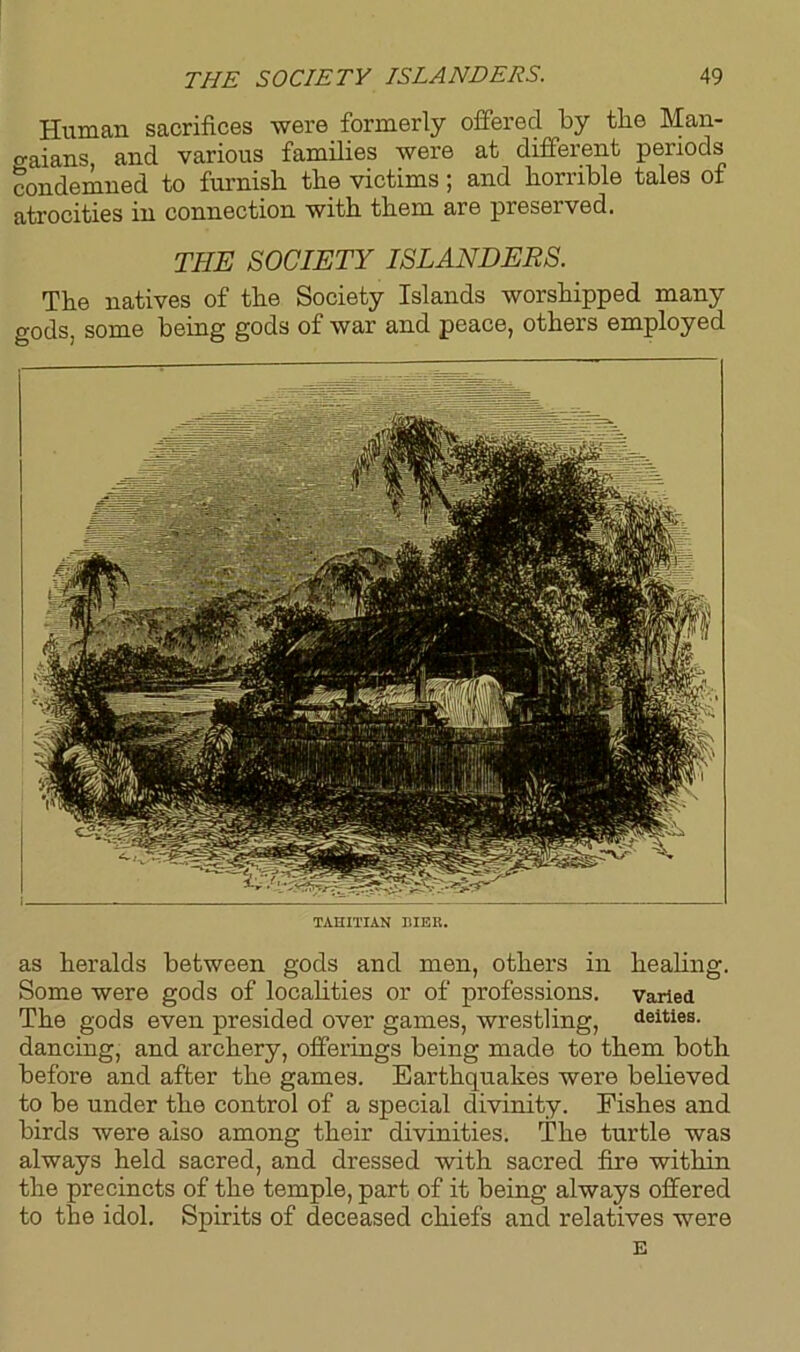 Human sacrifices were formerly offered by the Man- o-aians and various families were at different periods condemned to furnish the victims; and horrible tales of atrocities in connection with them are preserved. TEE SOCIETY ISLANDERS. The natives of the Society Islands worshipped many gods, some being gods of war and peace, others employed TAHITIAN BIER. as heralds between gods and men, others in healing. Some were gods of localities or of professions, varied The gods even presided over games, wrestling, deities, dancing, and archery, offerings being made to them both before and after the games. Earthquakes were believed to be under the control of a special divinity. Fishes and birds were also among their divinities. The turtle was always held sacred, and dressed with sacred fire within the precincts of the temple, part of it being always offered to the idol. Spirits of deceased chiefs and relatives were