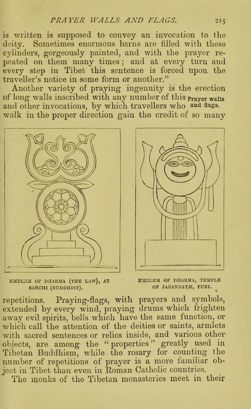 PR A YER WALLS AND FLAGS. is written is supposed to convey an invocation to the deity. Sometimes enormous barns are filled with these cylinders, gorgeously painted, and with the prayer re- peated on them many times ; and at every turn and every step in Tibet this sentence is forced upon the traveller’s notice in some form or another.” Another variety of praying ingenuity is the erection of long walls inscribed with any number of this prayer wails and other invocations, by which travellers who and fla#s- walk in the proper direction gain the credit of so many EMBLEM OF LIIARMA (i'lIE LAW), AT EMBLEM OF DIIARMA, TEMPLE SANCHI (BUDDHIST). OF JAGANNATU, PORI. repetitions. Praying-flags, with prayers and symbols, extended by every wind, praying drums which frighten away evil spirits, bells which have the same function, or which call the attention of the deities or saints, armlets with sacred sentences or relics inside, and various other objects, are among the “ properties ” greatly used in Tibetan Buddhism, while the rosary for counting the number of repetitions of prayer is a more familiar ob- ject in Tibet than even in Roman Catholic countries. The monks of the Tibetan monasteries meet in their