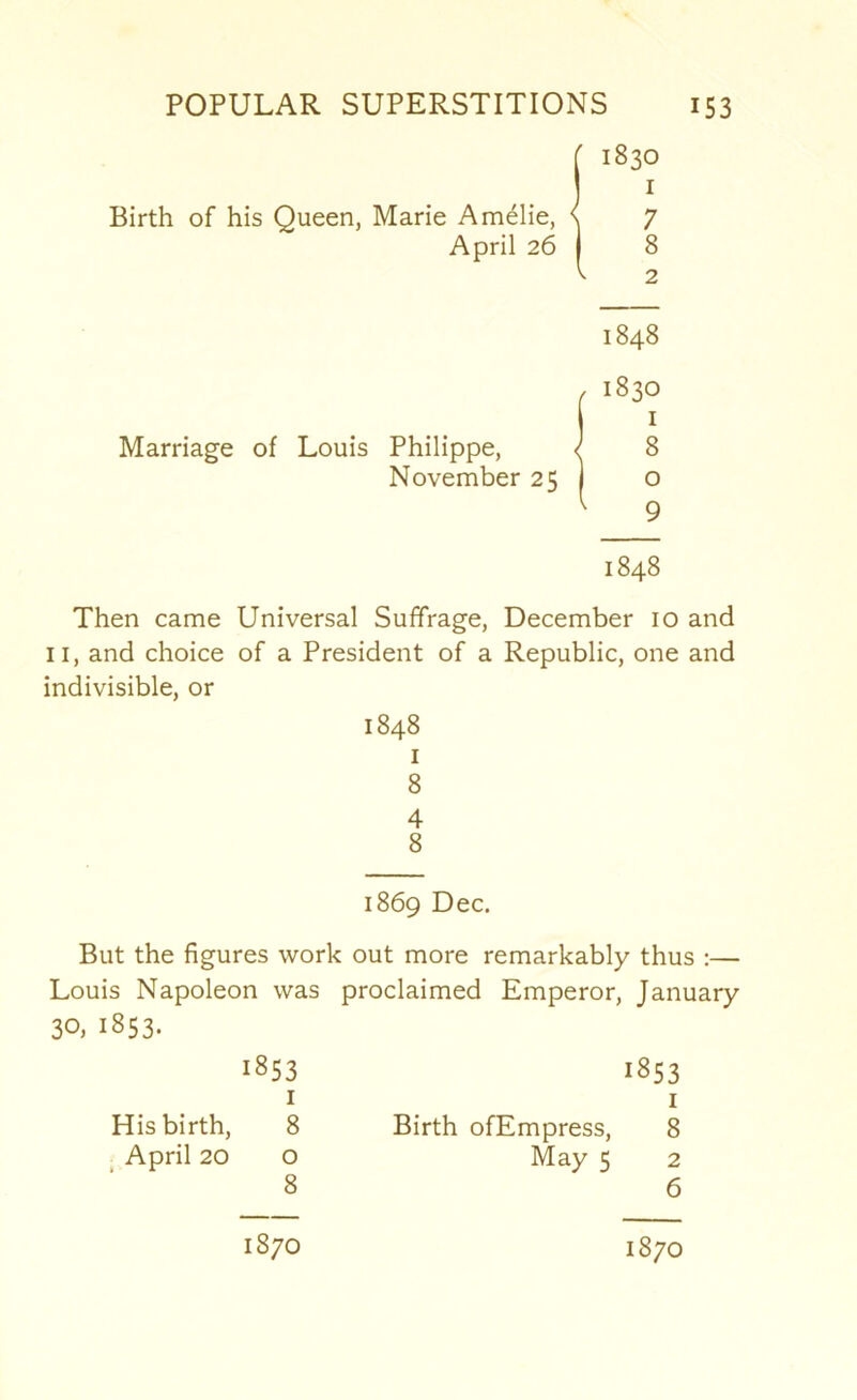 j.830 Birth of his Queen, Marie Am61ie, \ 7 April 26 I 8 2 1848 / 1830 I Marriage of Louis Philippe, ^ 8 November 25 o ^ 9 1848 Then came Universal Suffrage, December 10 and II, and choice of a President of a Republic, one and indivisible, or 1848 I 8 4 8 1869 Dec, But the figures work out more remarkably thus :— Louis Napoleon was proclaimed Emperor, January 30. 1853. 1853 1853 I I His birth, 8 Birth ofEmpress, 8 ^ April 20 o May 5 2 8 6