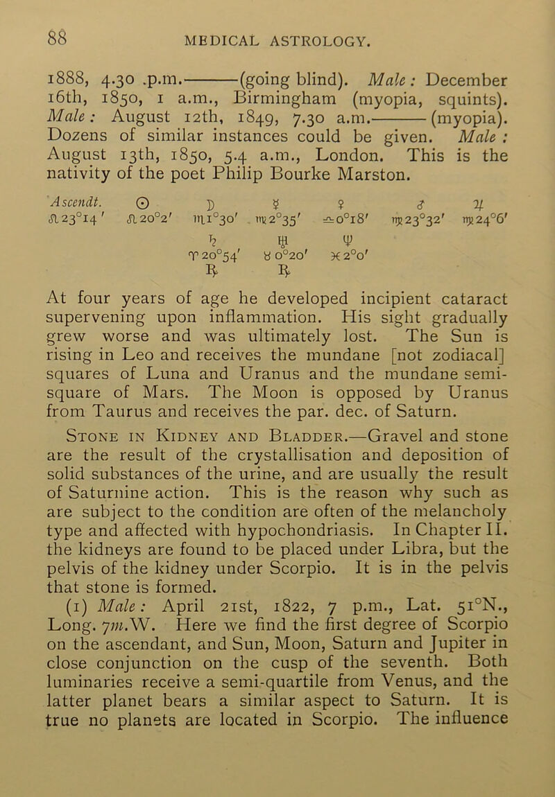 1888, 4.30 .p.m. (going blind). ; December i6th, 1850, I a.m., Birmingham (myopia, squints). Male: August 12th, 1849, 7.30 a.m. (myopia). Dozens of similar instances could be given. Male : August 13th, 1850, 5.4 a.m., London. This is the nativity of the poet Philip Bourke Marston. Ascendt. O ^ 'll Jl23°i4' (512o°2' in.i°3o' , itii2°35' :£bO°i8' i^23°32' t^24°6' 7 lil T 2o°54' y o°2o' 2°o' At four years of age he developed incipient cataract supervening upon inflammation. His sight gradually grew worse and was ultimately lost. The Sun is rising in Leo and receives the mundane [not zodiacal] squares of Luna and Uranus and the mundane semi- square of Mars. The Moon is opposed by Uranus from Taurus and receives the par. dec. of Saturn. Stone in Kidney and Bladder.—Gravel and stone are the result of the crystallisation and deposition of solid substances of the urine, and are usually the result of Saturnine action. This is the reason why such as are subject to the condition are often of the melancholy type and affected with hypochondriasis. In Chapter II. the kidneys are found to be placed under Libra, but the pelvis of the kidney under Scorpio. It is in the pelvis that stone is formed. (i) Male: April 21st, 1822, 7 p.m., Lat. 5i°N., Long. ym.W. Here we find the first degree of Scorpio on the ascendant, and Sun, Moon, Saturn and Jupiter in close conjunction on the cusp of the seventh. Both luminaries receive a semi-quartile from Venus, and the latter planet bears a similar aspect to Saturn. It is true no planets are located in Scorpio. The influence