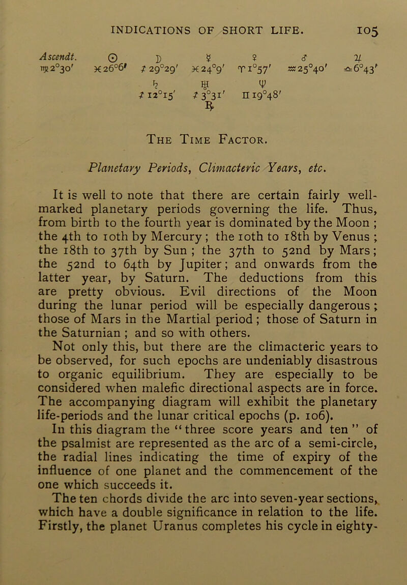 Ascendt. TtJJ 2°30' 0 X 26°6' D f 29°2g' 5 X 24°9' ? (? 2/ Ti°57' ss(25°4o' =a:6°43' k / I2°I5' ¥ nI9°48' The Time Factor. Planetary Periods, Climacteric Years, etc. It is well to note that there are certain fairly well- marked planetary periods governing the life. Thus, from birth to the fourth year is dominated by the Moon ; the 4th to loth by Mercury ; the loth to i8th by Venus ; the i8th to 37th by Sun ; the 37th to 52nd by Mars; the 52nd to 64th by Jupiter; and onwards from the latter year, by Saturn. The deductions from this are pretty obvious. Evil directions of the Moon during the lunar period will be especially dangerous ; those of Mars in the Martial period ; those of Saturn in the Saturnian ; and so with others. Not only this, but there are the climacteric years to be observed, for such epochs are undeniably disastrous to organic equilibrium. They are especially to be considered when malefic directional aspects are in force. The accompanying diagram will exhibit the planetary life-periods and the lunar critical epochs (p. 106). In this diagram the “ three score years and ten ” of the psalmist are represented as the arc of a semi-circle, the radial lines indicating the time of expiry of the influence of one planet and the commencement of the one which succeeds it. The ten chords divide the arc into seven-year sections, which have a double significance in relation to the life. Firstly, the planet Uranus completes his cycle in eighty-