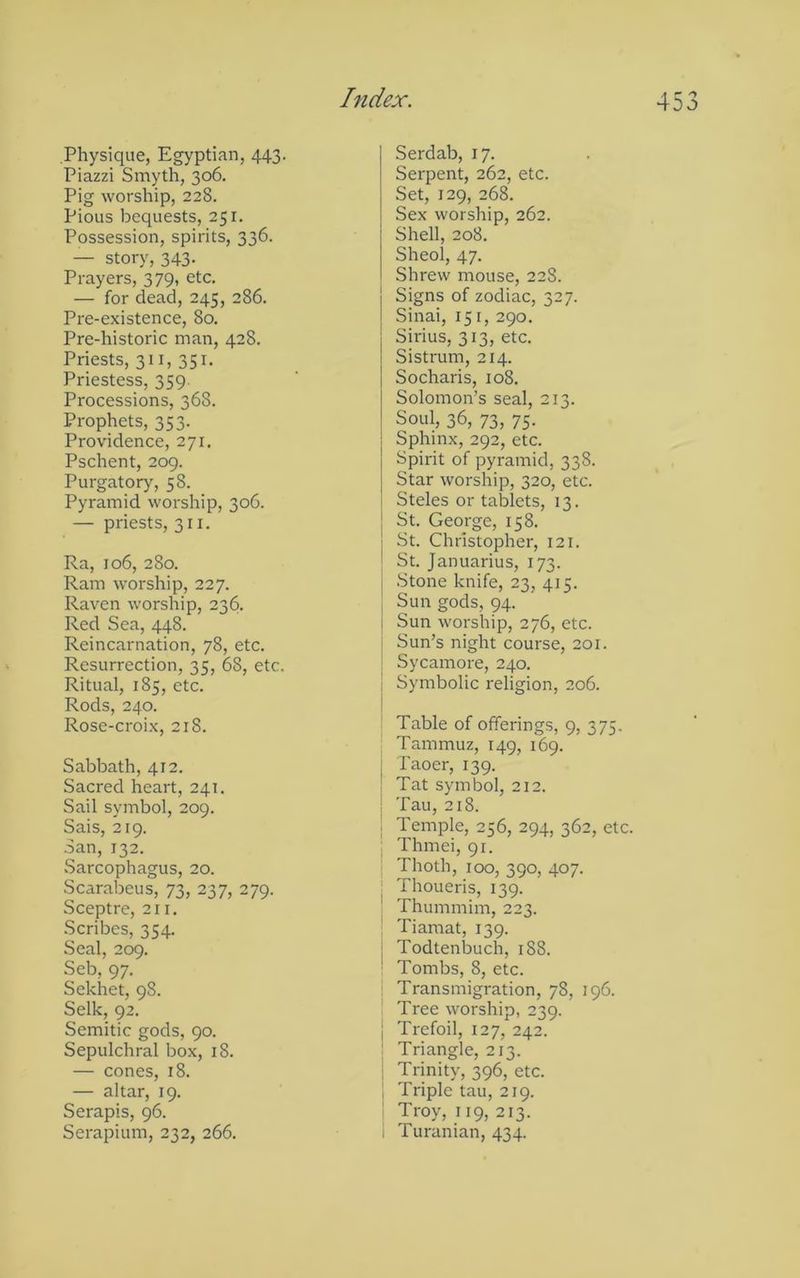 Physique, Egyptian, 443. Piazzi Smyth, 306. Pig worship, 228. Pious bequests, 251, Possession, spirits, 336. — story, 343. Prayers, 379, etc. — for dead, 245, 286. Pre-existence, 80. Pre-historic man, 428. Priests, 311, 351. Priestess, 359. Processions, 368. Prophets, 353. Providence, 271. Pschent, 209. Purgatory, 58. Pyramid worship, 306. — priests, 311. Ra, 106, 280. Ram worship, 227. Raven worship, 236. Red Sea, 448. Reincarnation, 78, etc. Resurrection, 35, 68, etc. Ritual, 185, etc. Rods, 240. Rose-croix, 218. Sabbath, 412. Sacred heart, 24T. Sail symbol, 209. Sais, 219. San, 132. Sarcophagus, 20. Scarabeus, 73, 237, 279. Sceptre, 211. Scribes, 354. Seal, 209. Seb, 97. Sekhet, 98. Selk, 92. Semitic gods, 90. Sepulchral box, 18. — cones, 18. — altar, 19. Serapis, 96. Serapium, 232, 266. Serdab, 17. Serpent, 262, etc. Set, 129, 268. Sex worship, 262. Shell, 208. Sheol, 47. Shrew mouse, 228. Signs of zodiac, 327. Sinai, 151, 290. Sirius, 313, etc. Sistrum, 214. Socharis, 108. Solomon’s seal, 213. Soul, 36, 73, 75. Sphinx, 292, etc. Spirit of pyramid, 338. Star worship, 320, etc. Steles or tablets, 13. St. George, 158. St. Christopher, 121. St. Januarius, 173. Stone knife, 23, 415. Sun gods, 94. Sun worship, 276, etc. Sun’s night course, 201. Sycamore, 240. Symbolic religion, 206. Table of offerings, 9, 375. I Tammuz, 149, 169. Taoer, 139. Tat symbol, 212. Tau, 218. Temple, 256, 294, 362, etc. , Thmei, 91. I Thoth, 100, 390, 407. I Thoueris, 139. ■ Thummim, 223. Tiamat, 139. Todtenbuch, 188. ' Tombs, 8, etc. Transmigration, 78, 196. , Tree worship, 239. j Trefoil, 127, 242. i Triangle, 213. Trinity, 396, etc. Triple tau, 219. Troy, 119, 213. Turanian, 434.