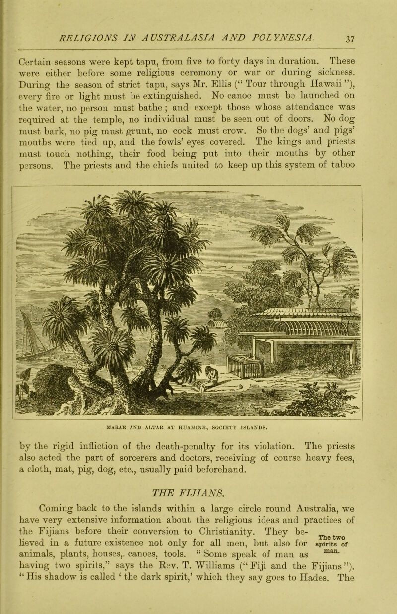 Certain seasons were kept tapu, from five to forty days in duration. These ji were either before some religious ceremony or war or during sickness, j During the season of strict tapu, says Mr. Ellis (“ Tour through Hawaii ”), l[- every fire or light must be extinguished. No canoe must be launched on S; the water, no person must bathe ; and except those whose attendance was |: required at the temple, no individual must be seen out of doors. No dog j must bark, no pig must grunt, no cock must crow. So the dogs’ and pigs’ I mouths were tied up, and the fowls’ eyes covered. The kings and priests must touch nothing, their food being put into their mouths by other persons. The priests and the chiefs united to keep up this system of taboo I i MARAE AND ALTAR AT IIUAHINE, SOCIETY ISLANDS, by the rigid infliction of the death-penalty for its violation. The priests also acted the part of sorcerers and doctors, receiving of course heavy fees, a cloth, mat, pig, dog, etc., usually paid beforehand. THE FIJIANS. Coming back to the islands within a large circle round Australia, we have very extensive information about the religious ideas and practices of the Fijians before their conversion to Christianity. They be- lieved in a future existence not only for all men, but also for spirits of animals, plants, houses, canoes, tools. “ Some speak of man as having two spirits,” says the Rev. T. Williams (“Fiji and the Fijians”). “ His shadow is called ‘ the dark spirit,’ which they say goes to Hades. The