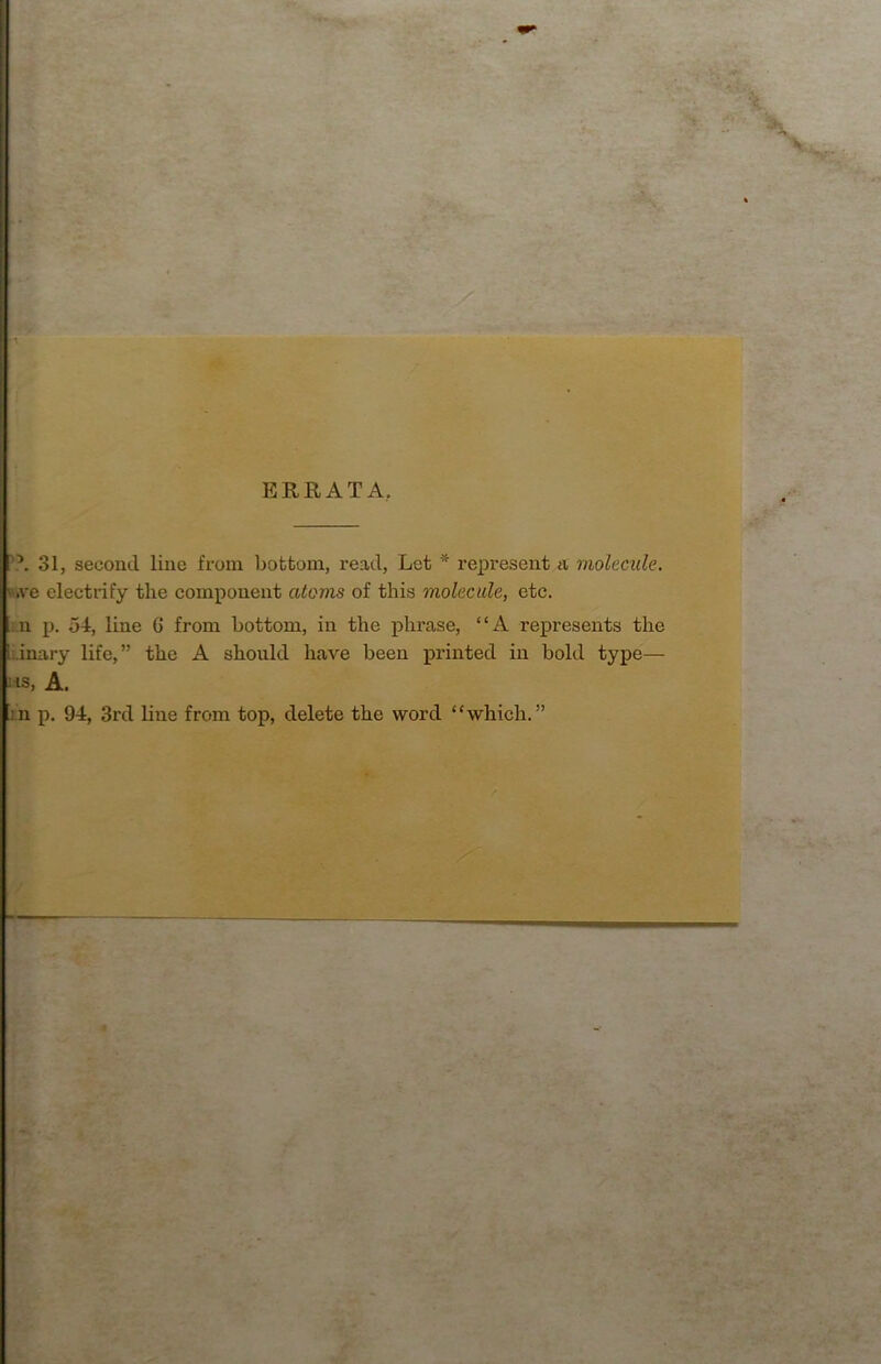 ERRATA. ”, 31, second, line from bottom, read, Let * represent molecule. R.ve electrify the component atoms of this molecule, etc. n p. 54, line 6 from bottom, in the phrase, “A represents the unary life,” the A should have been printed in bold type— HS, A. jn p. 94, 3rd line from top, delete the word “which.”