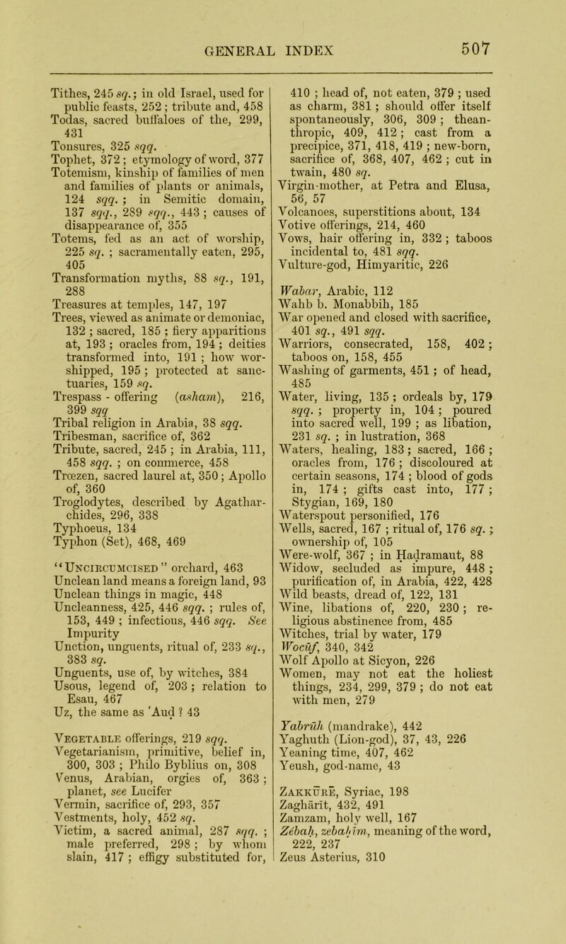 Tithes, 245 sq.; in old Israel, used for public feasts, 252 ; tribute and, 458 Todas, sacred buffaloes of the, 299, 431 Tonsures, 325 sqq. Tophet, 372; etymology of word, 377 Totemism, kinship of families of men and families of plants or animals, 124 sqq. ; in Semitic domain, 137 sqq., 289 sqq., 443 ; causes of disappearance of, 355 Totems, fed as an act of worship, 225 sq. ; sacramentally eaten, 295, 405 Transformation myths, S8 sq., 191, 288 Treasures at temples, 147, 197 Trees, viewed as animate or demoniac, 132 ; sacred, 185 ; fiery apparitions at, 193 ; oracles from, 194 ; deities transformed into, 191 ; how wor- shipped, 195 ; protected at sanc- tuaries, 159 sq. Trespass - offering (ashctm), 216, 399 sqq Tribal religion in Arabia, 38 sqq. Tribesman, sacrifice of, 362 Tribute, sacred, 245 ; in Arabia, 111, 458 sqq. ; on commerce, 458 Troezen, sacred laurel at, 350; Apollo of, 360 Troglodytes, described by Agathar- chides, 296, 338 Typhoeus, 134 Typhon (Set), 468, 469 “Uncircumcised” orchard, 463 Unclean land means a foreign land, 93 Unclean things in magic, 448 Uncleanness, 425, 446 sqq. ; rules of, 153, 449 ; infectious, 446 sqq. See Impurity Unction, unguents, ritual of, 233 sq., 383 sq. Unguents, use of, by witches, 384 Usous, legend of, 203 ; relation to Esau, 467 Uz, the same as 'Aud ? 43 Vegetable offerings, 219 sqq. Vegetarianism, primitive, belief in, 300, 303 ; Philo Byblius on, 308 Venus, Arabian, orgies of, 363 ; planet, see Lucifer Vermin, sacrifice of, 293, 357 Vestments, holy, 452 sq. Victim, a sacred animal, 287 sqq. ; male preferred, 298; by whom slain, 417 ; effigy substituted for, 410 ; head of, not eaten, 379 ; used as charm, 381; should offer itself spontaneously, 306, 309 ; tliean- thropic, 409, 412; cast from a precipice, 371, 418, 419 ; new-born, sacrifice of, 368, 407, 462 ; cut in twain, 480 sq. Virgin-mother, at Petra and Elusa, 56, 57 Volcanoes, superstitions about, 134 Votive offerings, 214, 460 Vows, hair ottering in, 332 ; taboos incidental to, 481 sqq. Vulture-god, Himyaritic, 226 Wabnr, Arabic, 112 Wahb b. Monabbili, 185 War opened and closed with sacrifice, 401 sq., 491 sqq. Warriors, consecrated, 158, 402 ; taboos on, 158, 455 Washing of garments, 451; of head, 485 Water, living, 135 ; ordeals by, 179 sqq. ; property in, 104; poured into sacred well, 199 ; as libation, 231 sq. ; in lustration, 368 Waters, healing, 183; sacred, 166 ; oracles from, 176 ; discoloured at certain seasons, 174 ; blood of gods in, 174 ; gifts cast into, 177; Stygian, 169, 180 Waterspout personified, 176 Wells, sacred, 167 ; ritual of, 176 sq.; ownership of, 105 Were-wolf, 367 ; in Hadramaut, 88 Widow, secluded as impure, 448 ; purification of, in Arabia, 422, 428 Wild beasts, dread of, 122, 131 Wine, libations of, 220, 230; re- ligious abstinence from, 485 Witches, trial by water, 179 Wocuf, 340, 342 Wolf Apollo at Sicyon, 226 Women, may not eat the holiest things, 234, 299, 379 ; do not eat with men, 279 Yabruh (mandrake), 442 Yaghutli (Lion-god), 37, 43, 226 Yeaning time, 407, 462 Yeush, god-name, 43 Zakkure, Syriac, 198 Zagharit, 432, 491 Zamzam, holy well, 167 Zibah, zebahivi, meaning of the word, 222, 237 ’ Zeus Asterius, 310