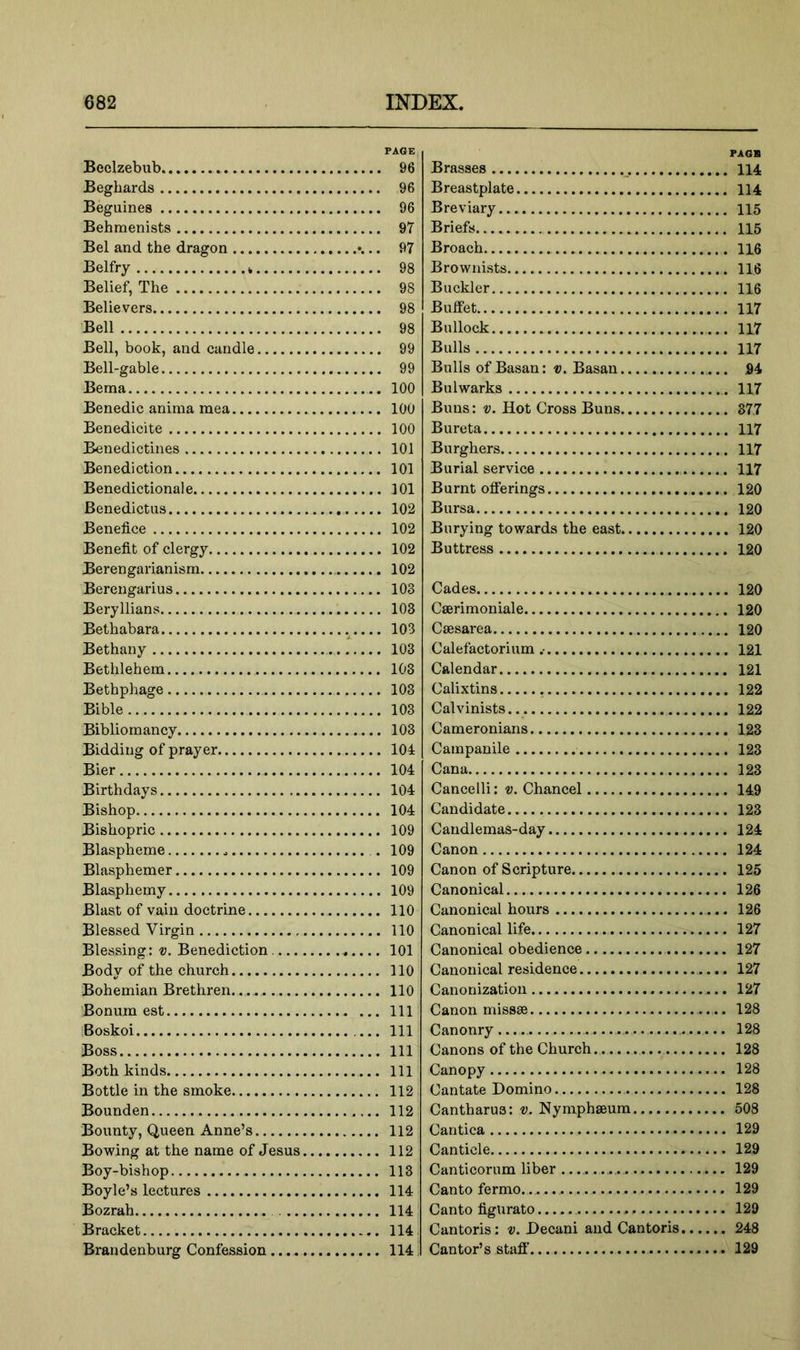 Beelzebub Begbards Beguines Behmenists Bel and the dragon Belfry * Belief, The Believers Bell Bell, book, and candle Bell-gable Bema Benedic anima mea Benedicite Benedictines Benediction Benedictionale Benedictus Benefice Benefit of clergy Berengarianism Berengarius Beryllians Bethabara Bethany Bethlehem Bethphage Bible Bibliomancy Bidding of prayer Bier Birthdays Bishop Bishopric Blaspheme Blasphemer Blasphemy Blast of vain doctrine Blessed Virgin Blessing: v. Benediction Body of the church Bohemian Brethren. Bonum est Boskoi Boss Both kinds Bottle in the smoke Bounden Bounty, Queen Anne’s Bowing at the name of Jesus Boy-bishop Boyle’s lectures Bozrah ... Bracket Brandenburg Confession.... PAGB Brasses 114 Breastplate 114 Breviary 115 Briefs 115 Broach 116 Brownists 116 Buckler 116 Buffet 117 Bullock 117 Bulls 117 Bulls of Basan: «. Basan 94 Bulwarks 117 Buns: v. Hot Cross Buns S77 Bureta 117 Burghers 117 Burial service 117 Burnt offerings 120 Bursa 120 Burying towards the east 120 Buttress 120 Cades 120 Cserimoniale 120 Caesarea 120 Calefactorium .• 121 Calendar 121 Calixtins 122 Calvinists 122 Cameronians 123 Campanile 123 Cana 123 Cancelli: v. Chancel 149 Candidate 123 Candlemas-day 124 Canon 124 Canon of Scripture 125 Canonical 126 Canonical hours 126 Canonical life 127 Canonical obedience 127 Canonical residence 127 Canonization 127 Canon missee 128 Canonry.... 128 Canons of the Church 128 Canopy 128 Cantate Domino 128 Cantharua: v. Nymphaeum 508 Cantica 129 Canticle 129 Canticorum liber 129 Canto fermo.. 129 Canto figurato 129 Cantoris: v. Decani and Cantoris 248 Cantor’s staff 129 PAGE 96 96 96 97 97 98 98 98 98 99 99 100 100 100 101 101 101 102 102 102 102 103 103 103 103 103 103 103 103 104 104 104 104 109 109 109 109 110 no 101 no no 111 111 111 111 112 112 112 112 113 114 114 114 i 114