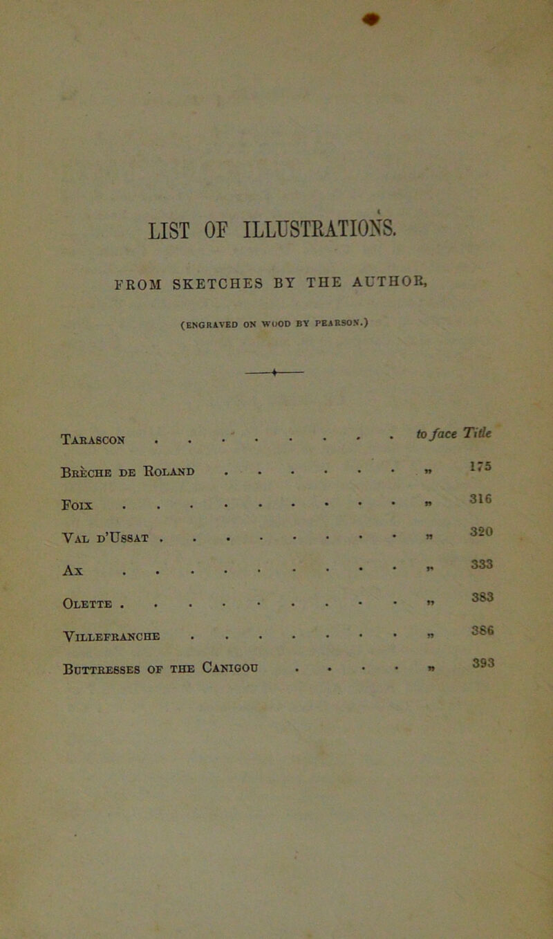 LIST OF ILLUSTKATIOSS. FROM SKETCHES BT THE AUTHOR, (engraved on wood by PEARSON.) Tarascon . . . • Beeche de Boland Foix Val d’Ussat ... .Ax . . . • * Oletxe . . . . • ViLLEPEANCHE Bdtteebses of the Canigod to face Tide w n n n 175 316 320 333 383 386 393