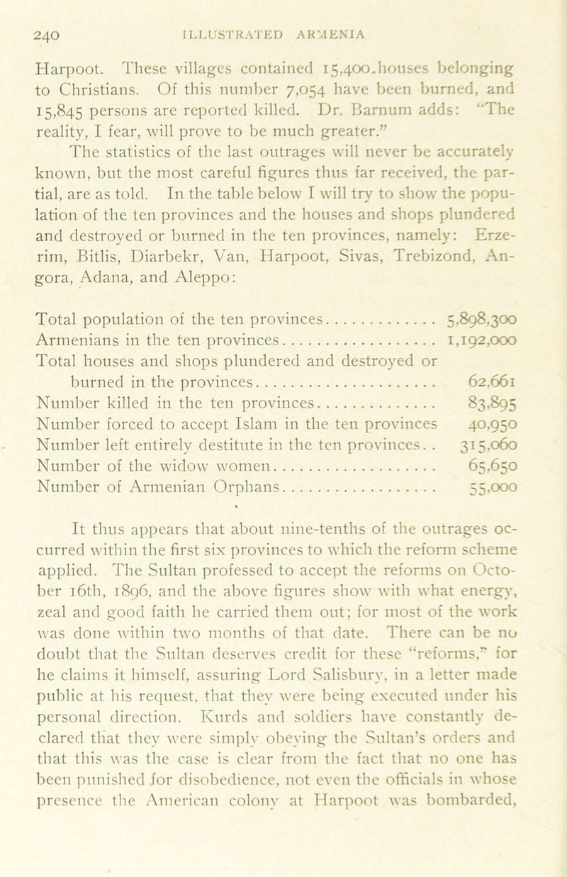 Harpoot. These villages contained 15,400.houses belonging to Christians. Of this number 7,054 have been burned, and 15,845 persons are reported killed. Dr. Barnum adds; “The reality, I fear, will prove to be much greater.” The statistics of the last outrages will never be accurately known, but the most careful figures thus far received, the par- tial, are as told. In the table below I will try to show the popu- lation of the ten provinces and the houses and shops plundered and destroyed or burned in the ten provinces, namely; Erze- rim, Bitlis, Diarbekr, Van, Harpoot, Sivas, Trebizond, An- gora, Adana, and Aleppo; Total population of the ten provinces 5,898,300 Armenians in the ten provinces 1,192,000 Total houses and shops plundered and destroyed or burned in the provinces 62,661 Number killed in the ten provinces 83.895 Number forced to accept Islam in the ten provinces 40,950 Number left entirely destitute in the ten provinces. . 315,060 Number of the widow women 65,650 Number of Armenian Orphans 55.000 It thus appears that about nine-tenths of the outrages oc- curred within the first six provinces to which the reform scheme applied. The Sultan professed to accept the reforms on Octo- ber 16th, 1896, and the above figures show with what energy, zeal and good faith he carried them out; for most of the work was done within two months of that date. There can be no doubt that the Sultan deserves credit for these “reforms,” for he claims it himself, assuring Lord Salisbury, in a letter made public at his request, that they were being executed under his personal direction. Kurds and soldiers have constantly de- clared that they were simply obeying the Sultan’s orders and that this was the case is clear from the fact that no one has been punished .for disobedience, not even the officials in whose presence the American colony at Harpoot was bombarded.