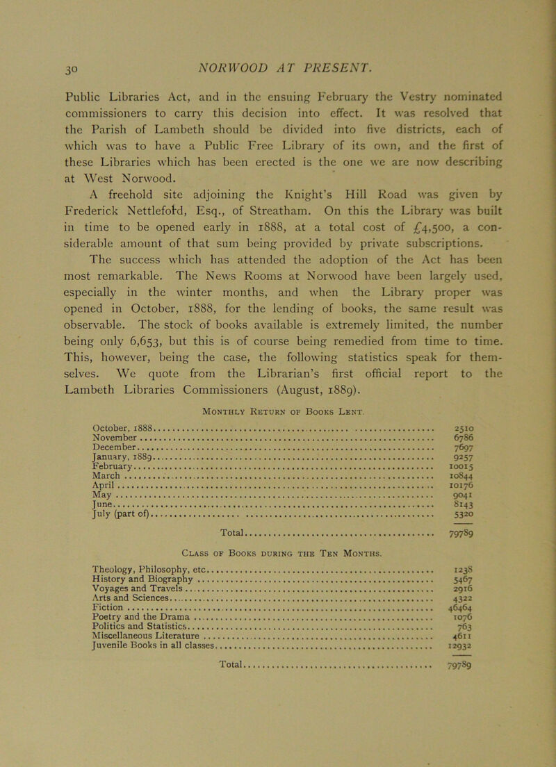 Public Libraries Act, and in the ensuing February the Vestry nominated commissioners to carry this decision into effect. It was resolved that the Parish of Lambeth should be divided into five districts, each of which was to have a Public Free Library of its own, and the first of these Libraries which has been erected is the one we are now describing at West Norwood. A freehold site adjoining the Knight’s Hill Road was given by Frederick Nettlefol'd, Esq., of Streatham. On this the Library was built in time to be opened early in 1888, at a total cost of £4,500, a con- siderable amount of that sum being provided by private subscriptions. The success which has attended the adoption of the Act has been most remarkable. The News Rooms at Norwood have been largely used, especially in the winter months, and when the Library proper was opened in October, 1888, for the lending of books, the same result was observable. The stock of books available is extremely limited, the number being only 6,653, but this is of course being remedied from time to time. This, however, being the case, the following statistics speak for them- selves. We quote from the Librarian’s first official report to the Lambeth Libraries Commissioners (August, 1889). Monthly Return of Books Lent. October, 1888 2510 November 67S6 December 7697 January, 1889 9257 February 10015 March 10844 April 10176 May 9041 June 8143 July (part of) 5320 Total 797S9 Class of Books during the Ten Months. Theology, Philosophy, etc 1238 History and Biography 5467 Voyages and Travels 29x6 Arts and Sciences 4322 Fiction 46464 Poetry and the Drama 1076 Politics and Statistics 763 Miscellaneous Literature 4611 Juvenile Books in all classes 12932 Total 797s9