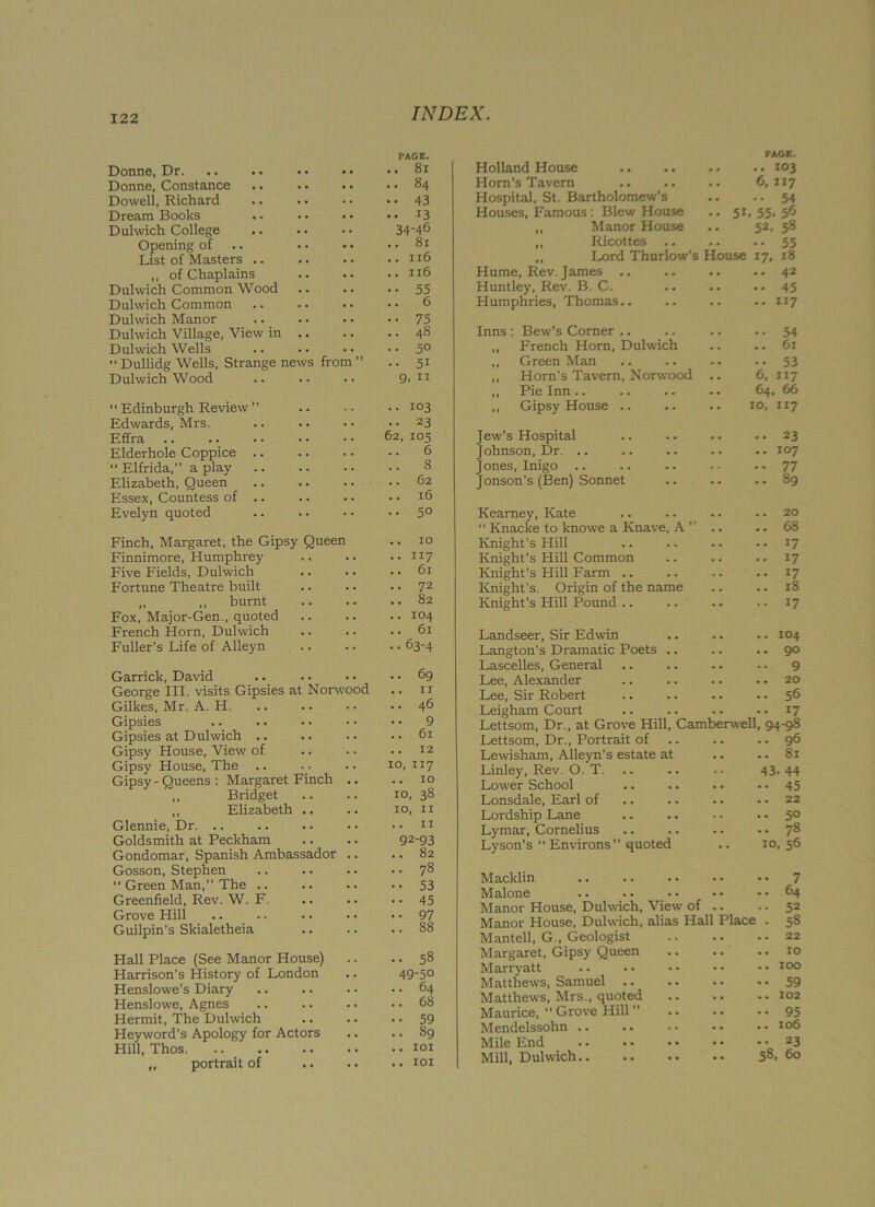 Donne, Dr PAGE. .. 81 Donne, Constance .. 84 Dowell, Richard • • 43 Dream Books • • 13 Dulwich College 34-46 Opening of .. 81 List of Masters .. 116 ,, of Chaplains .. 116 Dulwich Common Wood •• 55 Dulwich Common .. 6 Dulwich Manor •• 75 Dulwich Village, View in .. .. 48 Dulwich Wells .. 50 ” Dullidg Wells, Strange news from ” •• 5i Dulwich Wood 9, 11 “ Edinburgh Review ” .. 103 Edwards, Mrs. .. 23 Effra 62, 105 Elderhole Coppice .. “ Elfrida,” a play 6 8 Elizabeth, Queen .. 62 Essex, Countess of .. .. 16 Evelyn quoted .. 50 Finch, Margaret, the Gipsy Queen .. 10 Finnimore, Humphrey .. 117 Five Fields, Dulwich .. 61 Fortune Theatre built .. 72 „ ,, burnt .. 82 Fox, Major-Gen., quoted .. 104 French Horn, Dulwich .. 61 Fuller’s Life of Alleyn • • 63-4 Garrick, David .. 69 George III. visits Gipsies at Norwood . . II Gilkes, Mr. A. H. .. 46 Gipsies .. 9 Gipsies at Dulwich .. .. 61 Gipsy House, View of .. 12 Gipsy House, The io, 117 Gipsy - Queens : Margaret Finch .. .. 10 „ Bridget io, 38 ,, Elizabeth .. 10, 11 Glennie, Dr. .. .. 11 Goldsmith at Peckham 92-93 Gondomar, Spanish Ambassador .. .. 82 Gosson, Stephen “ Green Man, The .. 78 • • 53 Greenfield, Rev. W. F. • • 45 Grove Hill .. 97 Guilpin’s Skialetheia .. 88 Hall Place (See Manor House) .. 58 Harrison’s History of London 49-50 Henslowe’s Diary .. 64 Henslowe, Agnes .. 68 Hermit, The Dulwich • • 59 Heyword's Apology for Actors .. 89 Hill, Thos .. 101 „ portrait of . • 101 Holland House Horn’s Tavern Hospital, St. Bartholomew's Houses, Famous : Blew House .. 51 „ Manor House ,, Ricottes .. ,, Lord Thurlow’s House Hume, Rev. James Huntley, Rev. B. C. Humphries, Thomas.. PAGE. .. 103 6, 117 -• 54 55. 56 52. 58 •• 55 18 42 45 117 *7. Inns : Bew’s Corner .. ,, French Horn, Dulwich ,, Green Man ,, Horn's Tavern, Norwood „ Pie Inn .. ,, Gipsy House .. •• 54 .. 61 •• 53 6, 117 64, 66 10, 117 Jew’s Hospital Johnson, Dr. .. Jones, Inigo Jonson’s (Ben) Sonnet •• 23 .. 107 •• 77 .. 89 Kearney, Kate “ Knacke to knowe a Knave, A ” Knight's Hill Knight’s Hill Common Knight’s Hill Farm Knight's. Origin of the name Knight’s Hill Pound .. 20 68 17 17 17 18 17 Landseer, Sir Edwin .. .. .. 104 Langton’s Dramatic Poets .. .. .. 90 Lascelles, General .. .. .. .. 9 Lee, Alexander .. .. .. .. 20 Lee, Sir Robert .. .. .. .. 56 Leigham Court .. .. .. 17 Lettsom, Dr., at Grove Hill, Camberwell, 94-98 Lettsom, Dr., Portrait of .. .. ..96 Lewisham, Alleyn’s estate at .. .. 81 Linley, Rev. O. T. .. .. .. 43.44 Lower School .. .. .. • • 45 Lonsdale, Earl of .. .. .. .. 22 Lordship Lane .. .. .. • • 50 Lymar, Cornelius .. .. .. .. 78 Lyson’s  Environs” quoted .. 10,56 Macklin Malone Manor House, Dulwich, View of .. Manor House, Dulwich, alias Hall Place Mantell, G., Geologist Margaret, Gipsy Queen Marryatt Matthews, Samuel Matthews, Mrs., quoted Maurice,’’Grove Hill ” Mendelssohn .. .. Mile End Mill, Dulwich •• 7 .. 64 •• 52 • 58 .. 22 .. 10 .. 100 •• 59 .. 102 •• 95 .. 106 .. 23 58, 60