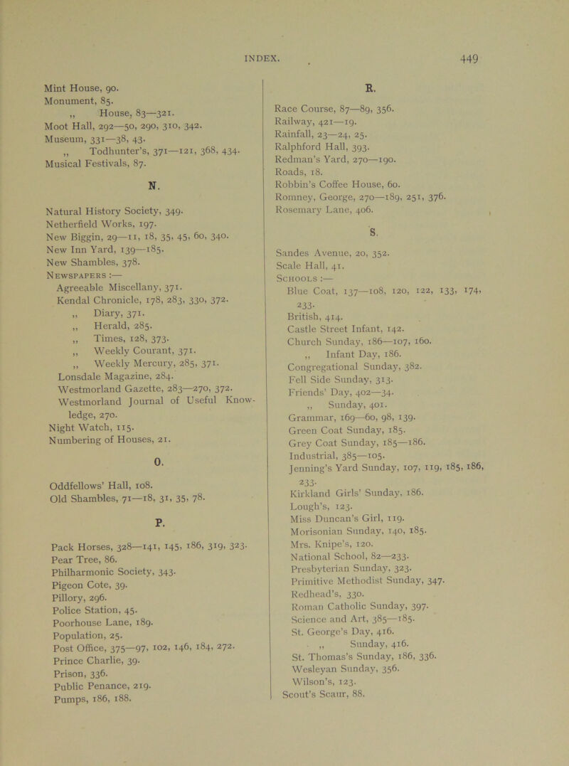 Mint House, 90. Monument, 85. „ House, 83—321. Moot Hall, 292—50, 290, 310, 342. Museum, 331—38, 43. „ Todhunter’s, 371—121, 368, 434. Musical Festivals, 87. N. Natural History Society, 349. Netherfield Works, 197. New Biggin, 29—ii, 18, 35, 45, 60, 340. New Inn Yard, 139—185. New Shambles, 378. Newspapers :— Agreeable Miscellany, 371. Kendal Chronicle, 178, 283, 330, 372. „ Diary, 371. ,, Herald, 285. „ Times, 128, 373. „ Weekly Courant, 371. „ Weekly Mercury, 285, 371. Lonsdale Magazine, 284. Westmorland Gazette, 283—270, 372. Westmorland Journal of Useful Know- ledge, 270. Night Watch, 115. Numbering of Houses, 21. 0. Oddfellows’ Hall, 108. Old Shambles, 71—18, 31, 35. ?8- P. Pack Horses, 328—141, 145. 186, 319, 323. Pear Tree, 86. Philharmonic Society, 343. Pigeon Cote, 39. Pillory, 296. Police Station, 45. Poorhouse Lane, 189. Population, 25. Post Office, 375—97. 102, 146, 184, 272. Prince Charlie, 39. Prison, 336. Public Penance, 219. Pumps, 186, 188. R. Race Course, 87—89, 356. Railway, 421—19. Rainfall, 23—24, 25. Ralphford Hall, 393. Redman’s Yard, 270—190. Roads, 18. Robbin’s Coffee House, 60. Romney, George, 270—189, 251, 376. Rosemary Lane, 406. S. Sandes Avenue, 20, 352. Scale Hall, 41. Schools :— Blue Coat, 137—108, 120, 122, 133, 174. 233- British, 414. Castle Street Infant, 142. Church Sunday, 186—107, 160. ,, Infant Day, 186. Congregational Sunday, 382. Fell Side Sunday, 313. Friends’ Day, 402—34. ,, Sunday, 401. Grammar, 169—60, 98, 139. Green Coat Sunday, 185. Grey Coat Sunday, 185—186. Industrial, 385—105. Jenning’s Yard Sunday, 107, 119, 185, 186, 233- Kirkland Girls’ Sunday, 186. Lough’s, 123. Miss Duncan’s Girl, 119. Morisonian Sunday, 140, 185. Mrs. Knipe’s, izo. National School, 82—233. Presbyterian Sunday, 323. Primitive Methodist Sunday, 347. Redhead’s, 330. Roman Catholic Sunday, 397. Science and Art, 385—185. St. George’s Day, 416. „ Sunday, 416. St. Thomas’s Sunday, 186, 336. Wesleyan Sunday, 356. Wilson’s, 123. Scout’s Scaur, 88.