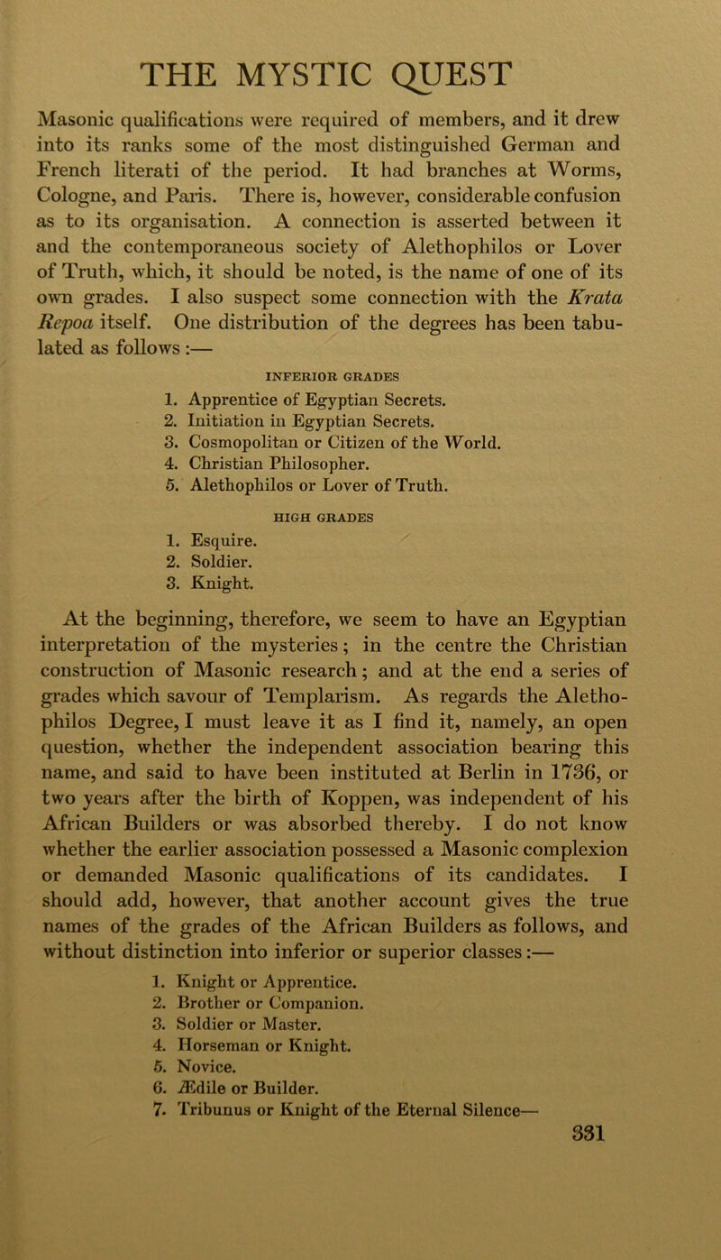 Masonic qualifications were required of members, and it drew into its ranks some of the most distinguished German and French literati of the period. It had branches at Worms, Cologne, and Paiis. There is, however, considerable confusion as to its organisation. A connection is asserted between it and the contemporaneous society of Alethophilos or Lover of Truth, which, it should be noted, is the name of one of its own grades. I also suspect some connection with the Krata Repoa itself. One distribution of the degrees has been tabu- lated as follows:— INFERIOR GRADES 1. Apprentice of Egyptian Secrets. 2. Initiation in Egyptian Secrets. 3. Cosmopolitan or Citizen of the World. 4. Christian Philosopher. 5. Alethophilos or Lover of Truth. HIGH GRADES 1. Esquire. 2. Soldier. 3. Knight. At the beginning, therefore, we seem to have an Egyptian interpretation of the mysteries; in the centre the Christian construction of Masonic research; and at the end a series of grades which savour of Templarism. As regards the Aletho- philos Degree, I must leave it as I find it, namely, an open question, whether the independent association bearing this name, and said to have been instituted at Berlin in 1736, or two years after the birth of Koppen, was independent of his African Builders or was absorbed thereby. I do not know whether the earlier association possessed a Masonic complexion or demanded Masonic qualifications of its candidates. I should add, however, that another account gives the true names of the grades of the African Builders as follows, and without distinction into inferior or superior classes:— 1. Knight or Apprentice. 2. Brother or Companion. 3. Soldier or Master. 4. Horseman or Knight. 6. Novice. 6. Aildile or Builder. 7. Tribunus or Knight of the Eternal Silence—