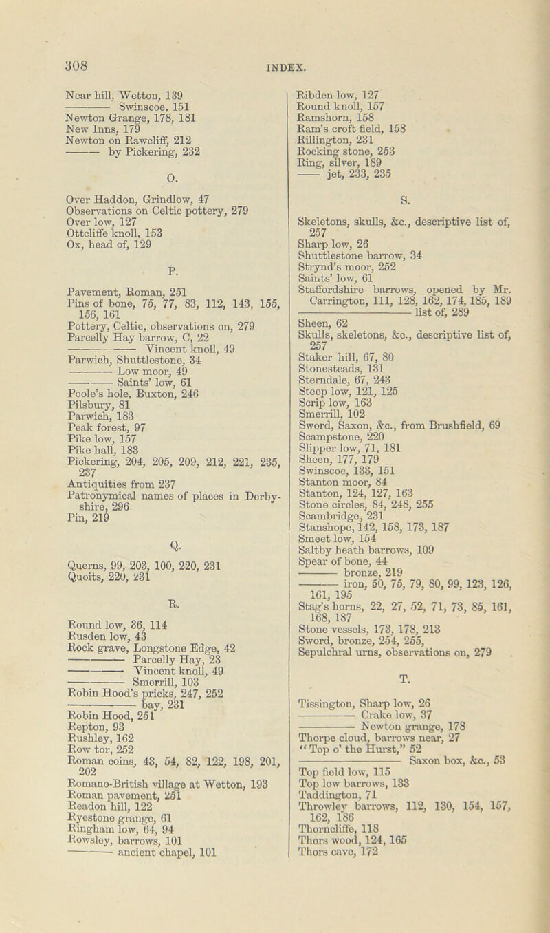 Near hill, Wetton, 139 Swinscoe, 151 Newton Grange, 178, 181 New Inns, 179 Newton on Rawcliff, 212 by Pickering, 232 0. Over Haddon, Grindlow, 47 Observations on Celtic pottery, 279 Over low, 127 Ottcliffe knoll, 153 Ox, head of, 129 P. Pavement, Roman, 251 Pins of bone, 75, 77, 83, 112, 143, 155, 156, 161 Pottery, Celtic, observations on, 279 Parcelly Hay barrow, C, 22 Vincent knoll, 49 Parwich, Shnttlestone, 34 Low moor, 49 Saints’ low, 61 Poole’s hole, Buxton, 246 Pilsbury, 81 Parwich, 183 Peak forest, 97 Pike low, 157 Pike hall, 183 Pickering, 204, 205, 209, 212, 221, 235, 237 Antiquities from 237 Patronymical names of places in Derby- shire, 296 Pin, 219 Q. Querns, 99, 203, 100, 220, 231 Quoits, 220, 231 R. . Round low, 36, 114 Rusden low, 43 Rock grave, Longstone Edge, 42 Parcelly Hay, 23 Vincent knoll, 49 Smerrill, 103 Robin Hood’s pricks, 247, 252 bay, 231 Robin Hood, 251 Repton, 93 Rushley, 162 Row tor, 252 Roman coins, 43, 54, 82, 122, 198, 201, 202 Romano-British village at Wetton, 193 Roman pavement, 251 Readon hill, 122 Ryestone grange, 61 Ringham low, 64, 94 Rowsley, barrows, 101 ancient chapel, 101 Ribden low, 127 Round knoll, 157 Ramshorn, 158 Ram’s croft field, 158 Rillington, 231 Rocking stone, 253 Ring, silver, 189 jet, 233, 235 S. Skeletons, skulls, &c., descriptive list of, 257 Sharp low, 26 Shuttlestone barrow, 34 Strynd’s moor, 252 Saints’ low, 61 Staffordshire barrows, opened by Mr. Carrington, 111, 128, 162, 174,185, 189 list of, 289 Sheen, 62 Skulls, skeletons, &c., descriptive list of, 257 Staker hill, 67, 80 Stonesteads, 131 Sterndale, 67, 243 Steep low, 121, 125 Scrip low, 163 Smerrill, 102 Sword, Saxon, &c., from Brushfield, 69 Scampstone, 220 Slipper low, 71, 181 Sheen, 177, 179 Swinscoe, 133, 151 Stanton moor, 84 Stanton, 124, 127, 163 Stone circles, 84, 248, 255 Scambridge, 231 Stanshope, 142, 158, 173, 187 Smeet low, 154 Saltby heath barrows, 109 Spear of bone, 44 bronze, 219 iron, 50, 75, 79, 80, 99, 123, 126, 161, 195 Stag’s horns, 22, 27, 52, 71, 73, 85, 161, 168, 187 Stone vessels, 173, 178, 213 Sword, bronze, 254, 255, Sepulchral urns, observations on, 279 T. Tissington, Sharp low, 26 Crake low, 37 Newton grange, 178 Thorpe cloud, barrows near, 27 “ Top o’ the Hurst,” 52 Saxon box, &c., 53 Top field low, 115 Top low barrows, 133 Taddington, 71 Throwley barrows, 112, 130, 154, 157, 162, 186 Thorncliffe, 118 Thors wood, 124, 165 Thors cave, 172