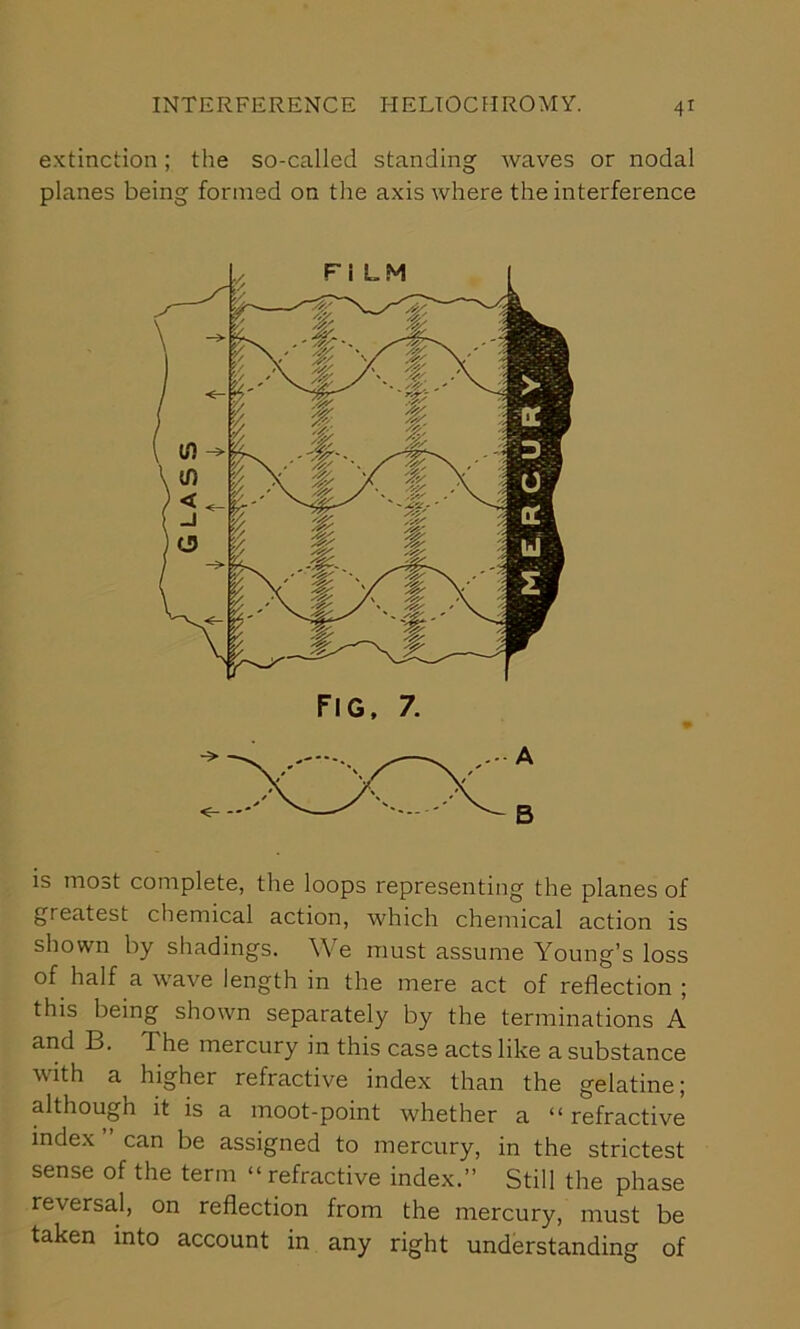 extinction; the so-called standing waves or nodal planes being formed on the axis where the interference FIG, 7. is most complete, the loops representing the planes of greatest chemical action, which chemical action is shown by shadings. We must assume Young’s loss of half a wave length in the mere act of reflection ; this being shown separately by the terminations A and B. The mercury in this case acts like a substance with a higher refractive index than the gelatine; although it is a moot-point whether a “refractive index can be assigned to mercury, in the strictest sense of the term “ refractive index.” Still the phase reversal, on reflection from the mercury, must be taken into account in any right understanding of